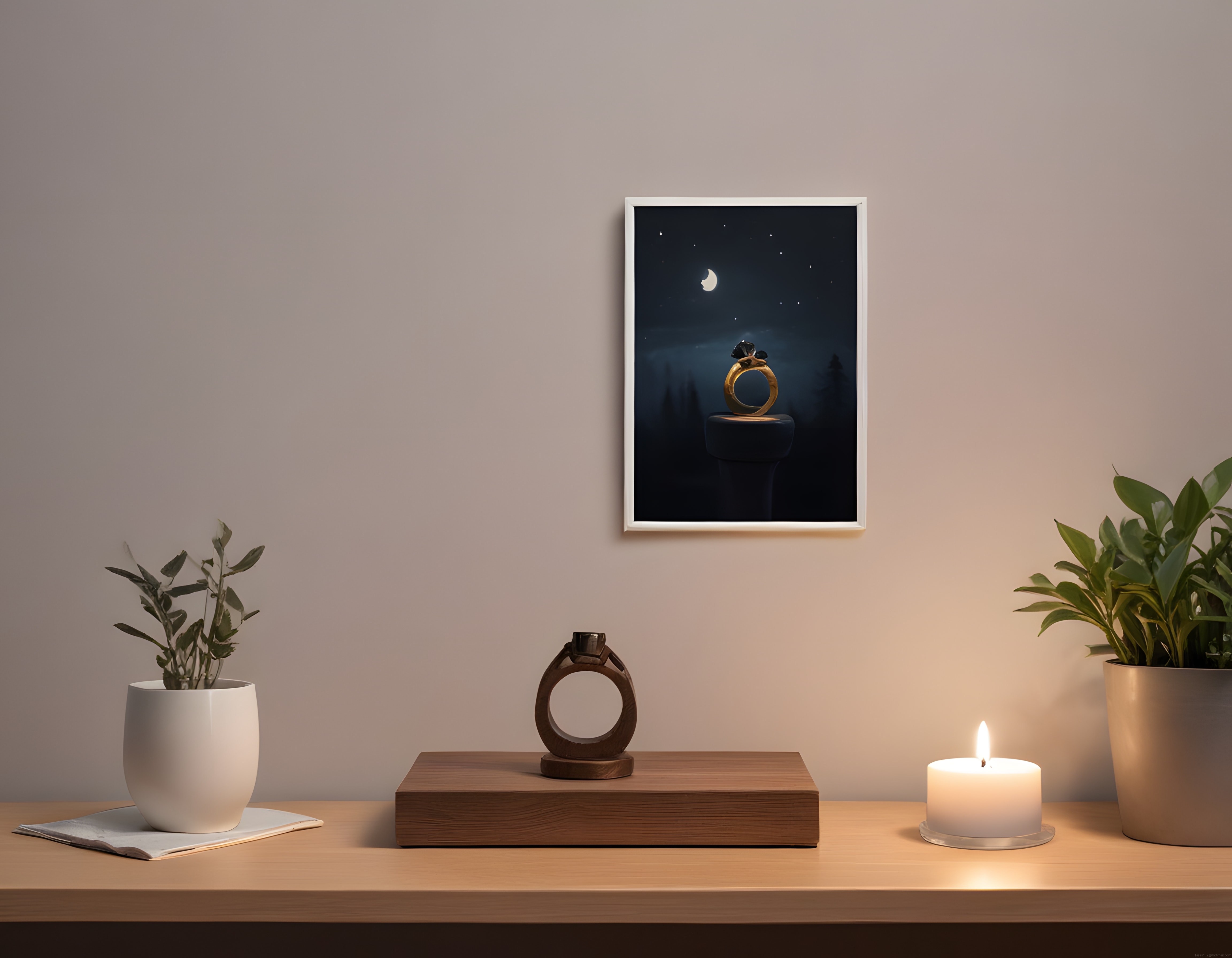 Mum Işığında Minimalist Ev Dekorasyonu ve Gizemli Gece Manzaralı Duvar Tablosu