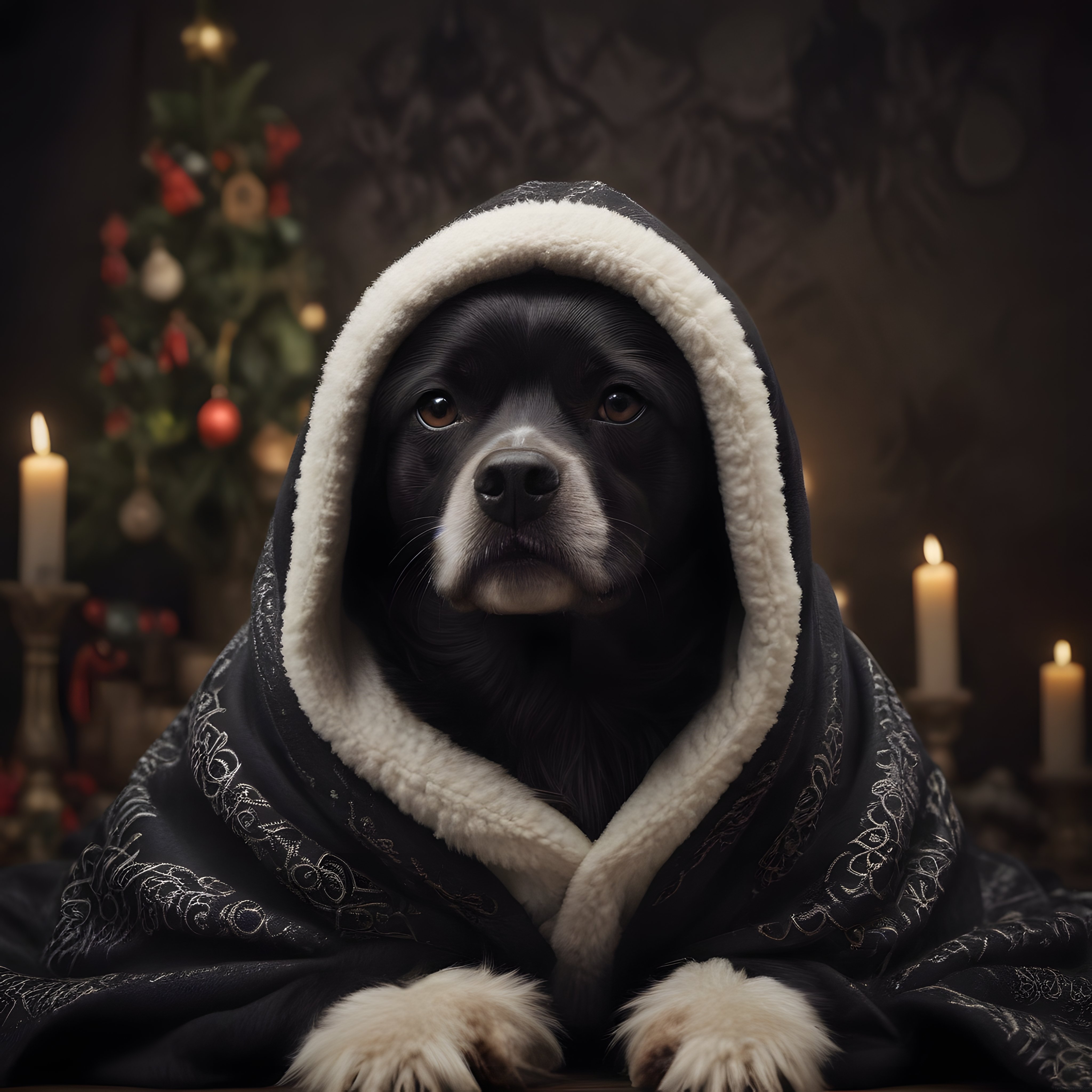 Mum Işığında Pelerinli Siyah Köpek: Gizemli Yılbaşı Portresi