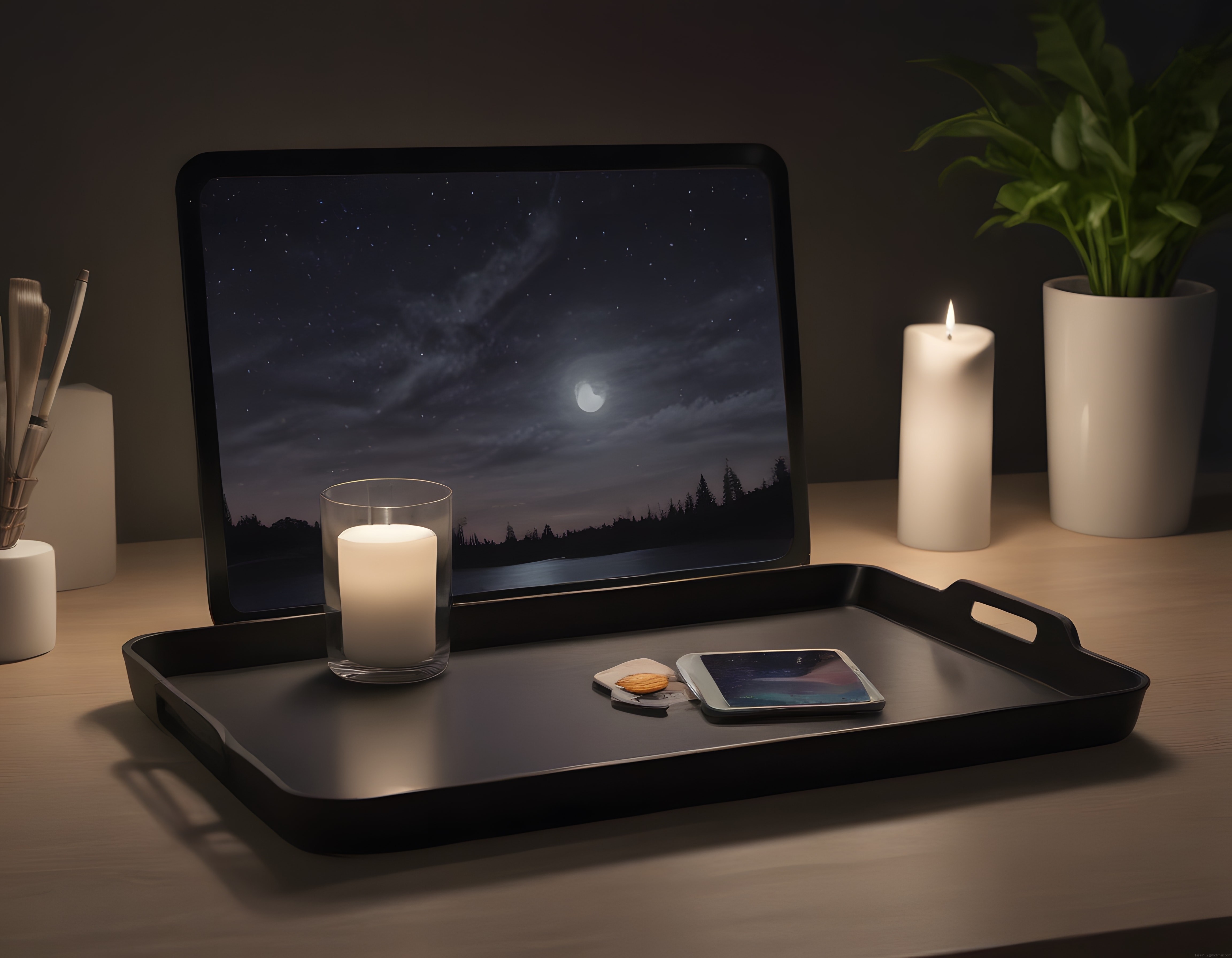 Mum Işığında Sakin Bir Gece: Tablet ve Doğa Manzarasıyla Huzurlu Anlar