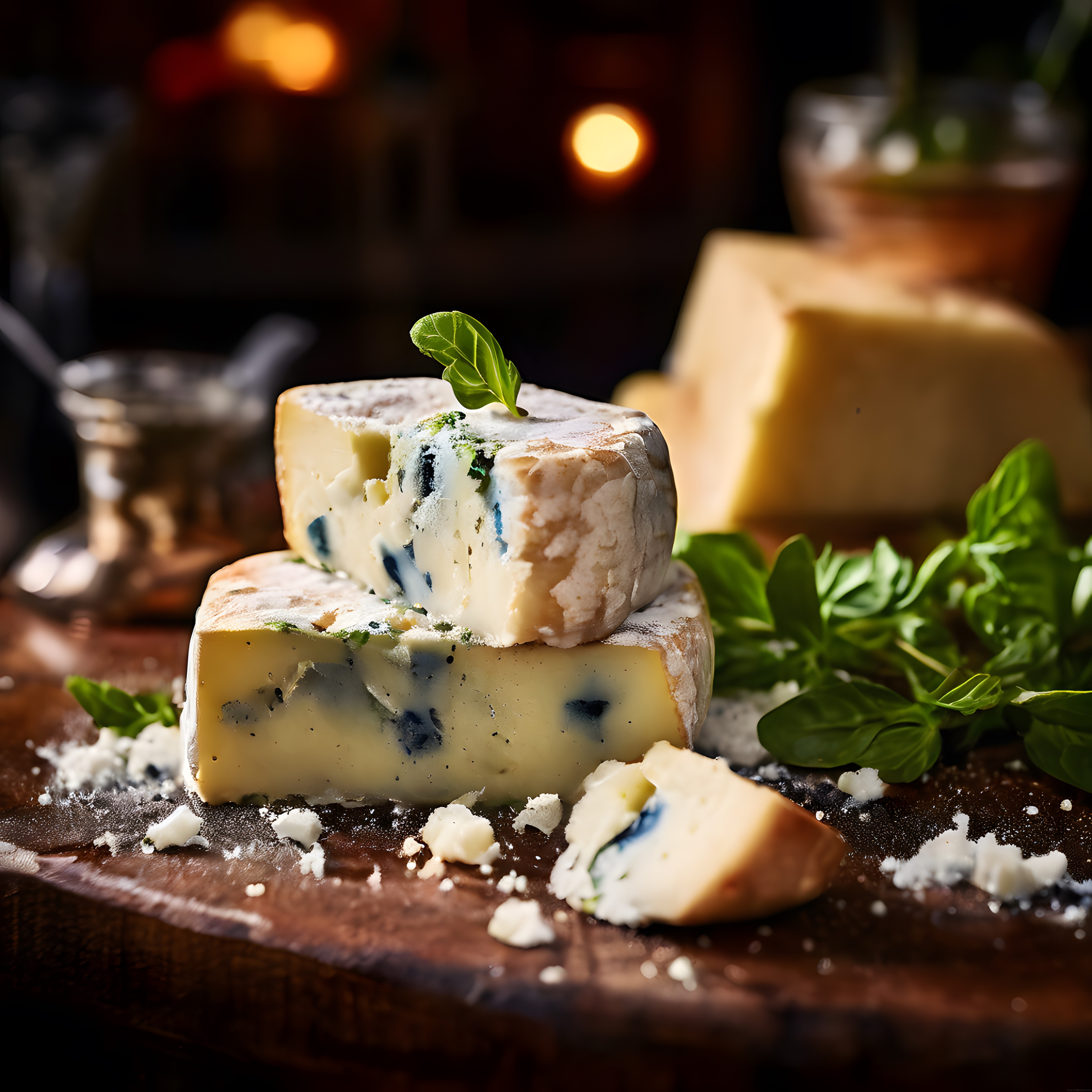 Mum Işığında Şarap Eşliğinde Gourmet Peynir Tabağı ve Taze Fesleğen
