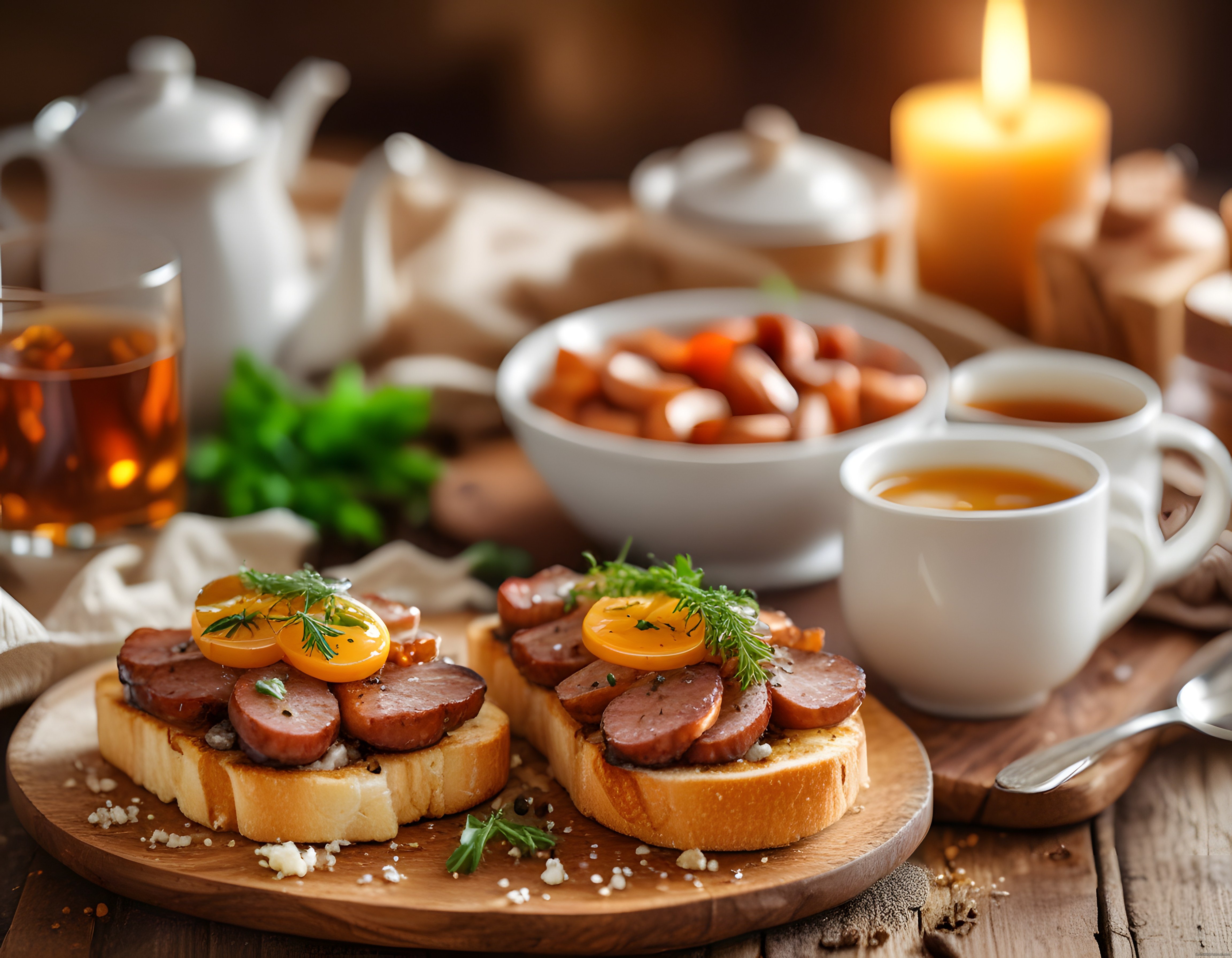 Mum Işığında Sucuklu Ekmek Üstü ve Sıcak Çay ile Sıcak Bir Kahvaltı Anı
