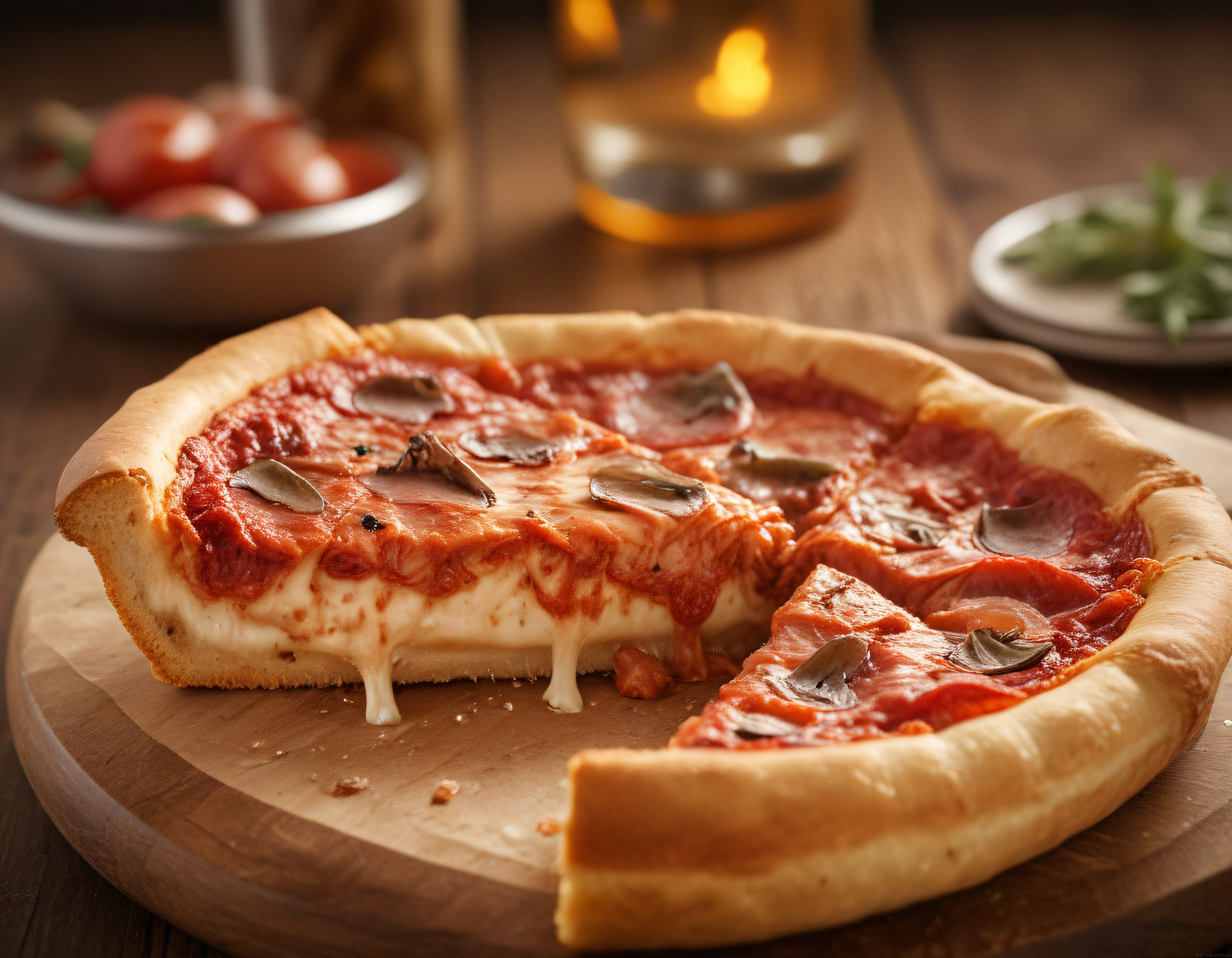 Mum Işığında Sunulan Kalın Hamurlu Mantarlı Sucuklu Ev Yapımı Pizza
