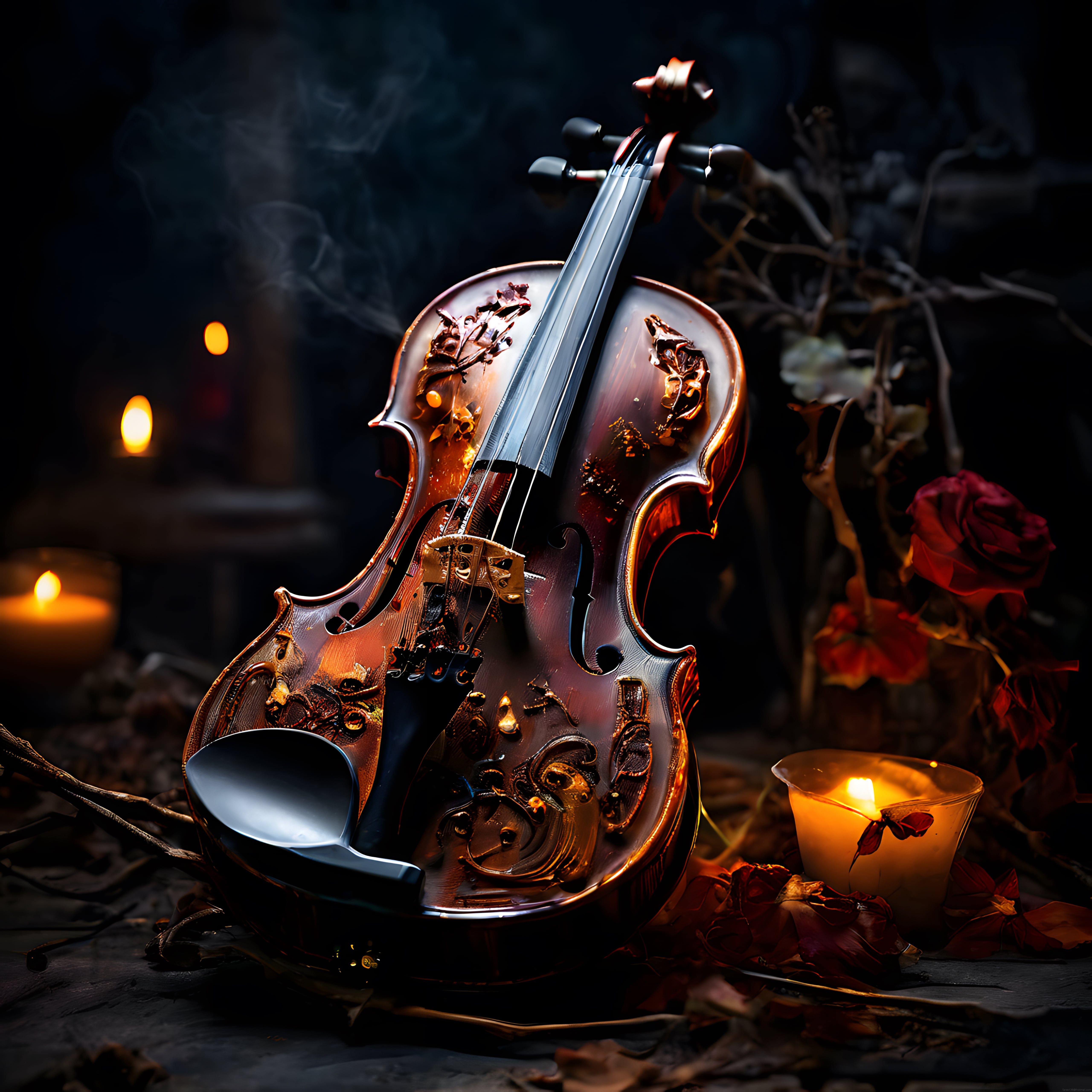 Mum Işığında Süslü Keman ve Gül Yapraklarıyla Mistik Müzik Atmosferi