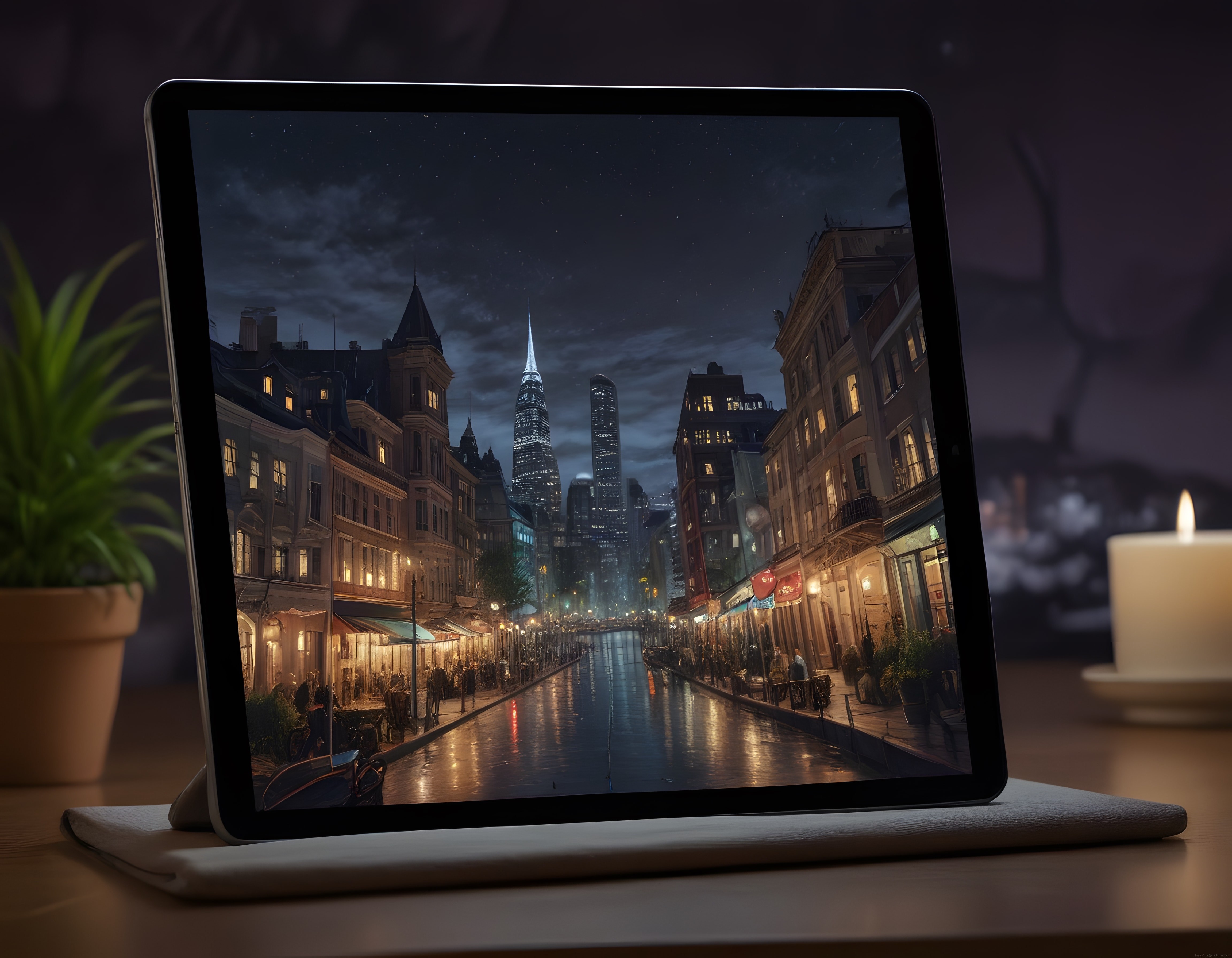Mum ışığında tablette yağmurlu gece şehir manzarası ve sakin atmosfer