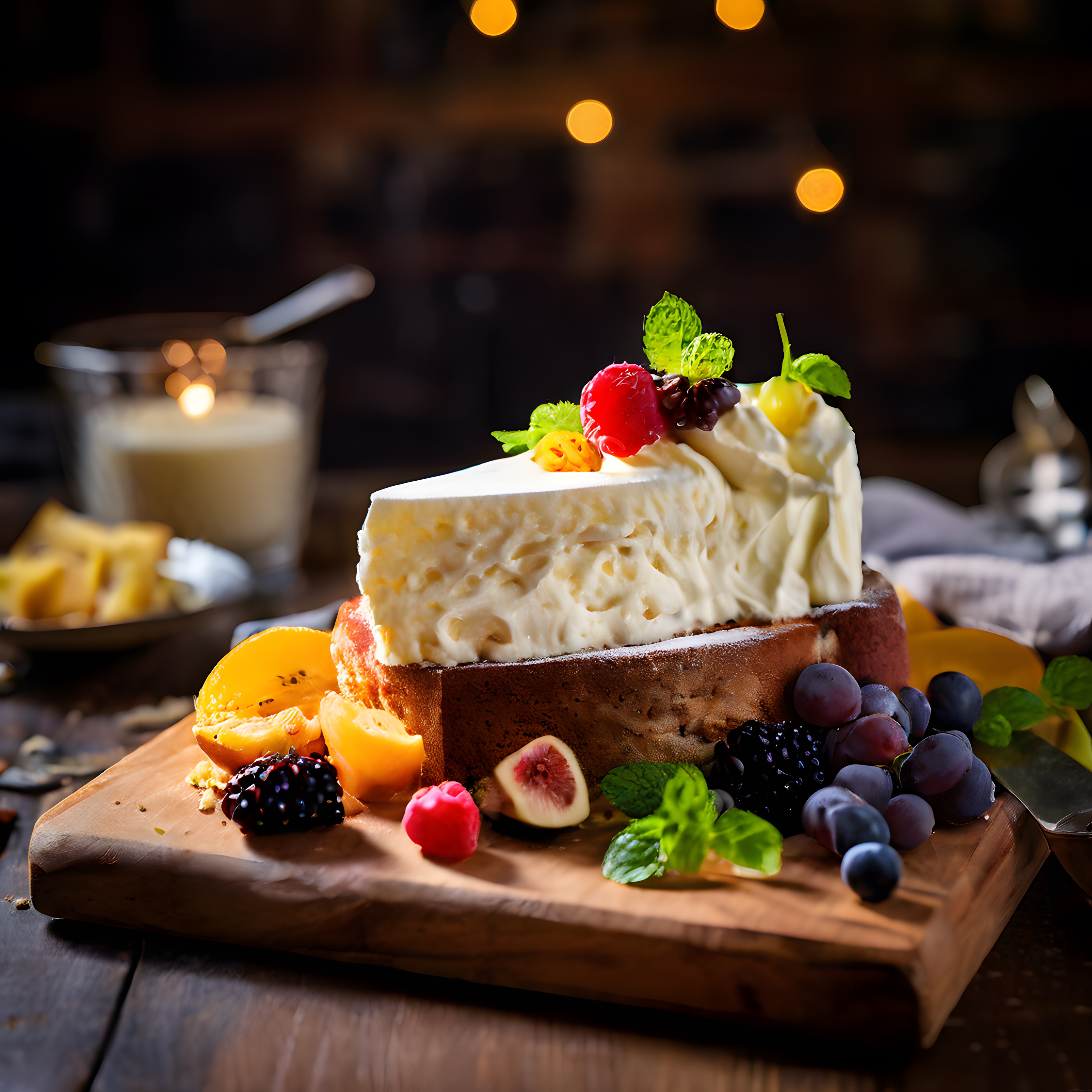 Mum Işığında Taze Meyveli Cheesecake Dilimi ve Ahşap Sunum Tahtası