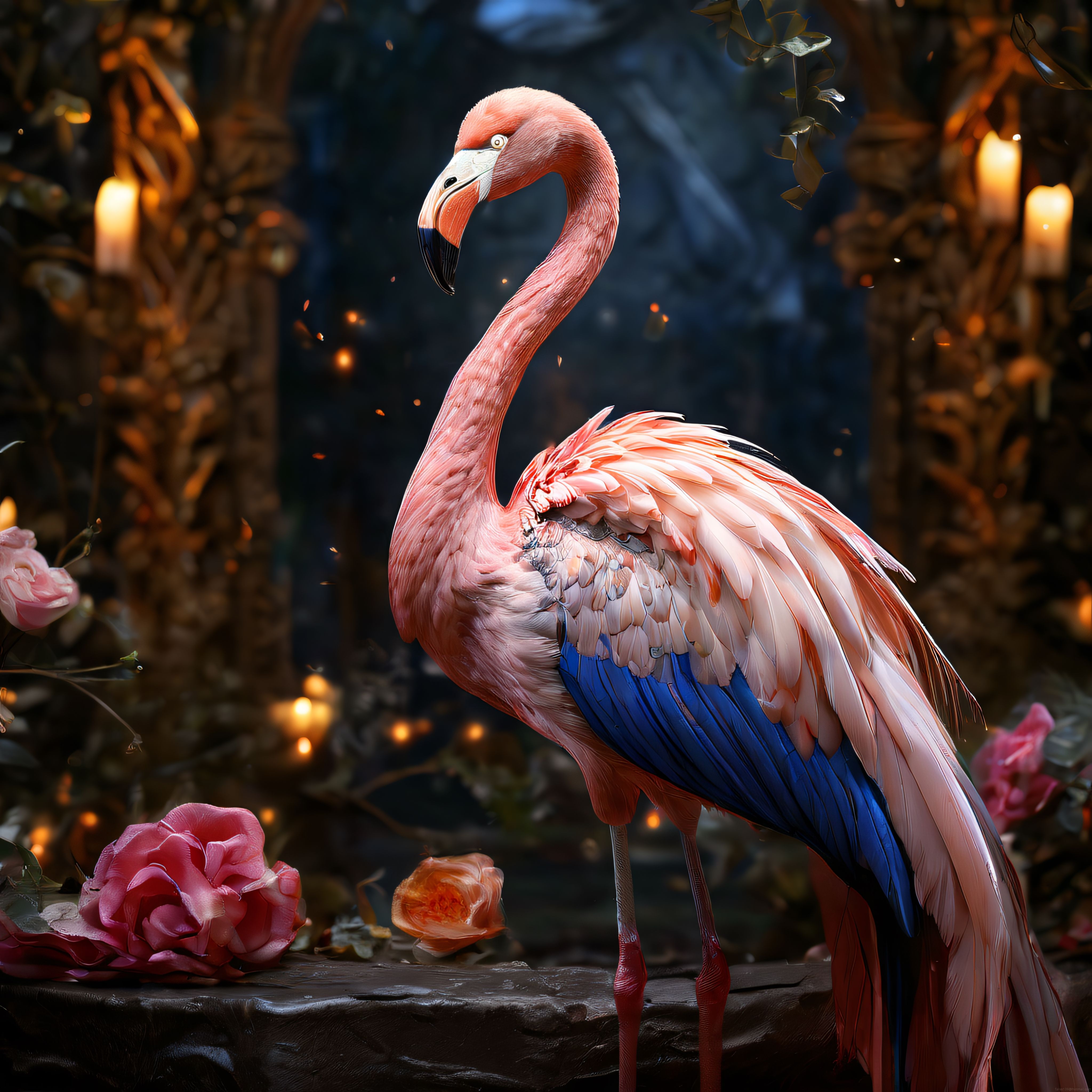 Mum Işığındaki Flamingo: Gül Bahçesinde Büyüleyici Gece Atmosferi