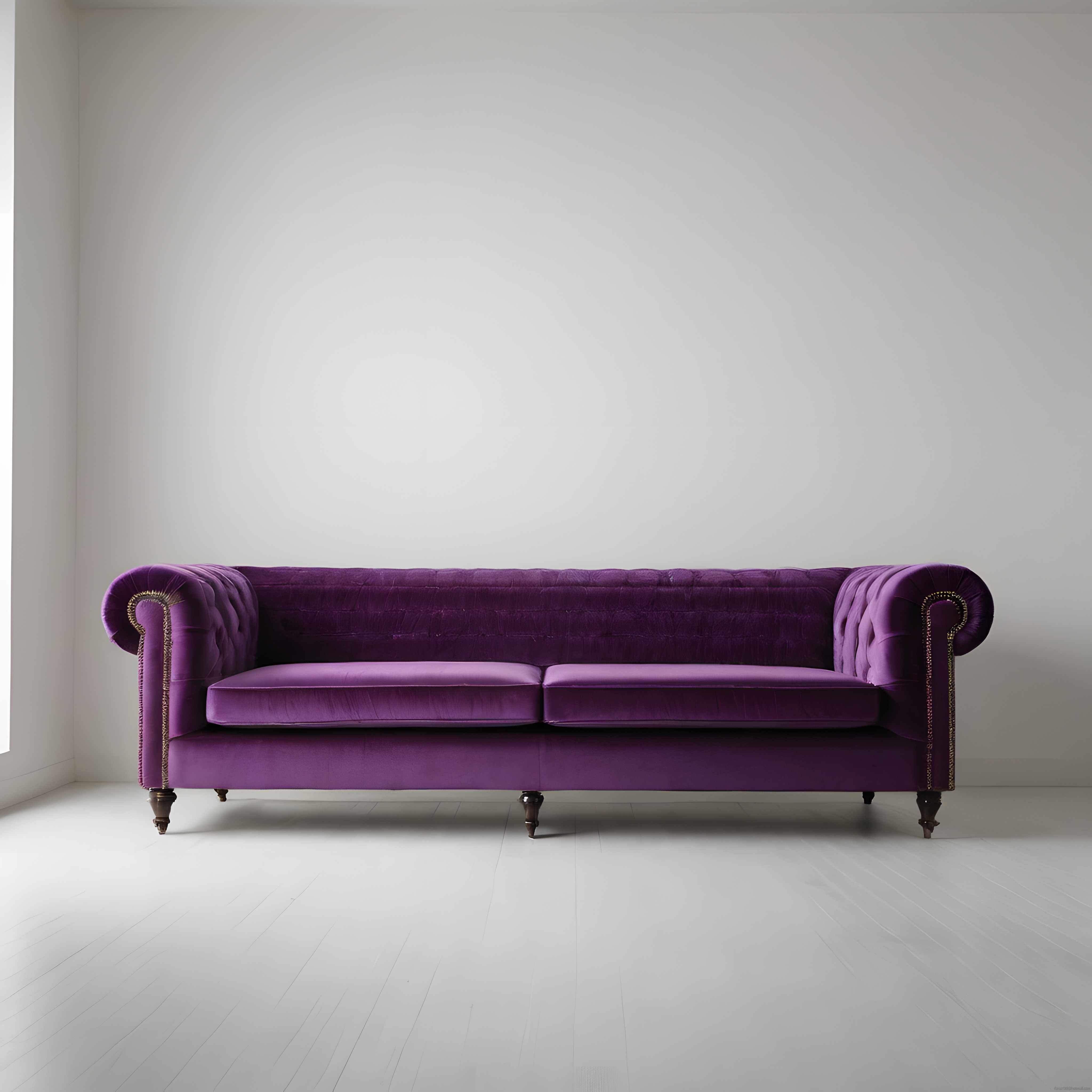 Mürdüm Rengi Kadife Chesterfield Kanepe ve Minimalist Beyaz Oda