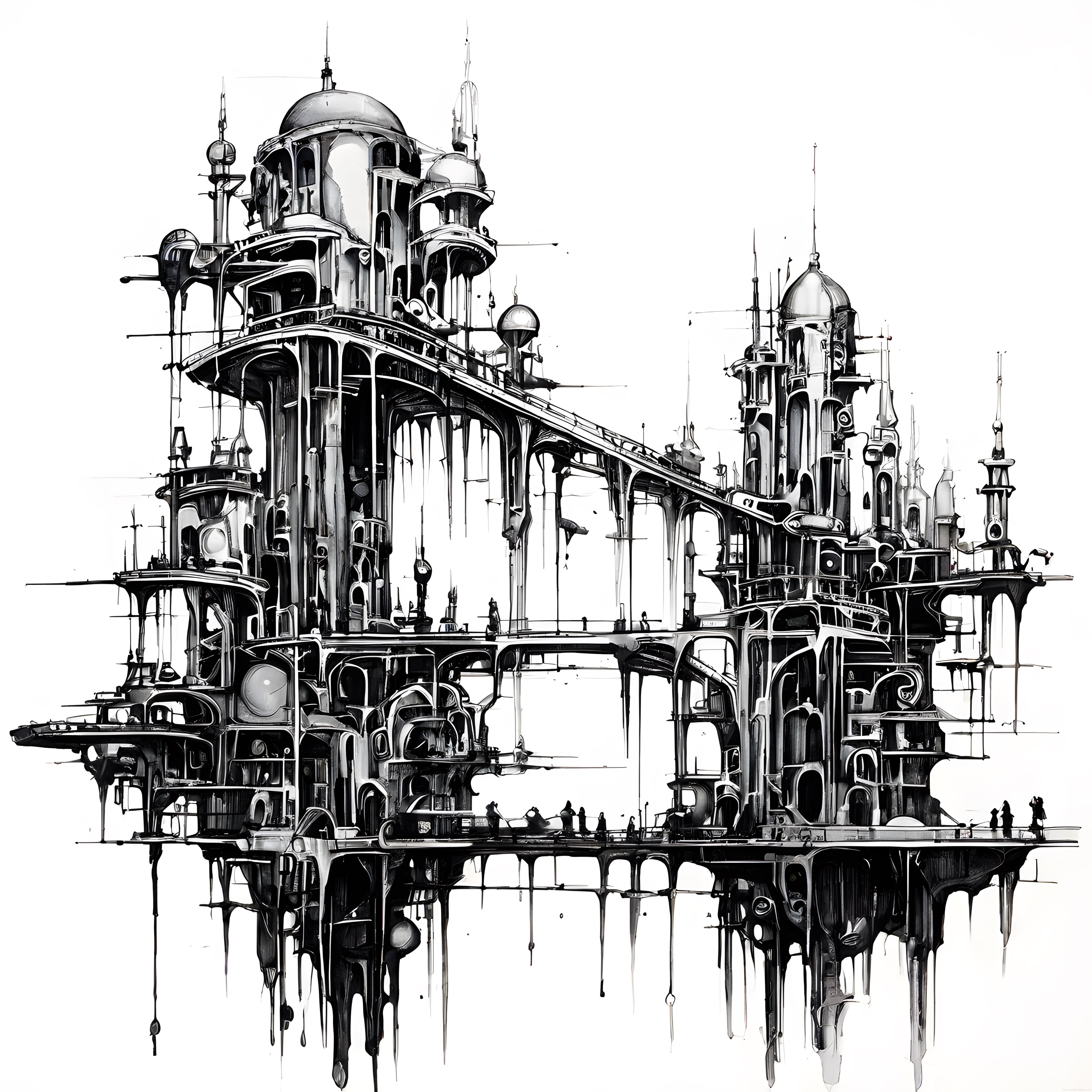 Mürekkep Efektli Siyah Beyaz Fantastik Steampunk Köprü ve Kule Çizimi