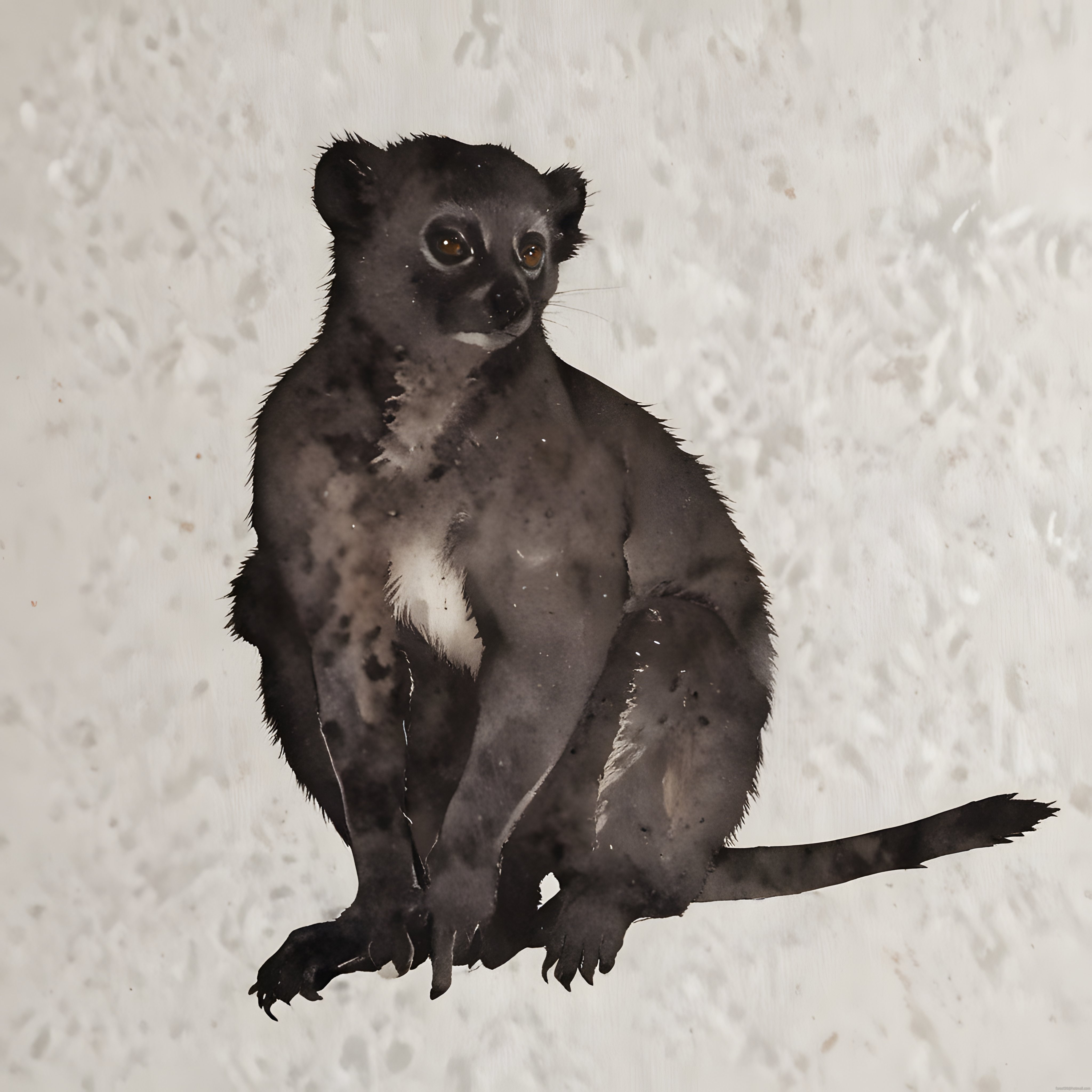 Mürekkep ve Suluboya Efektiyle Çizilmiş Oturan Lemur Sanatsal Portresi