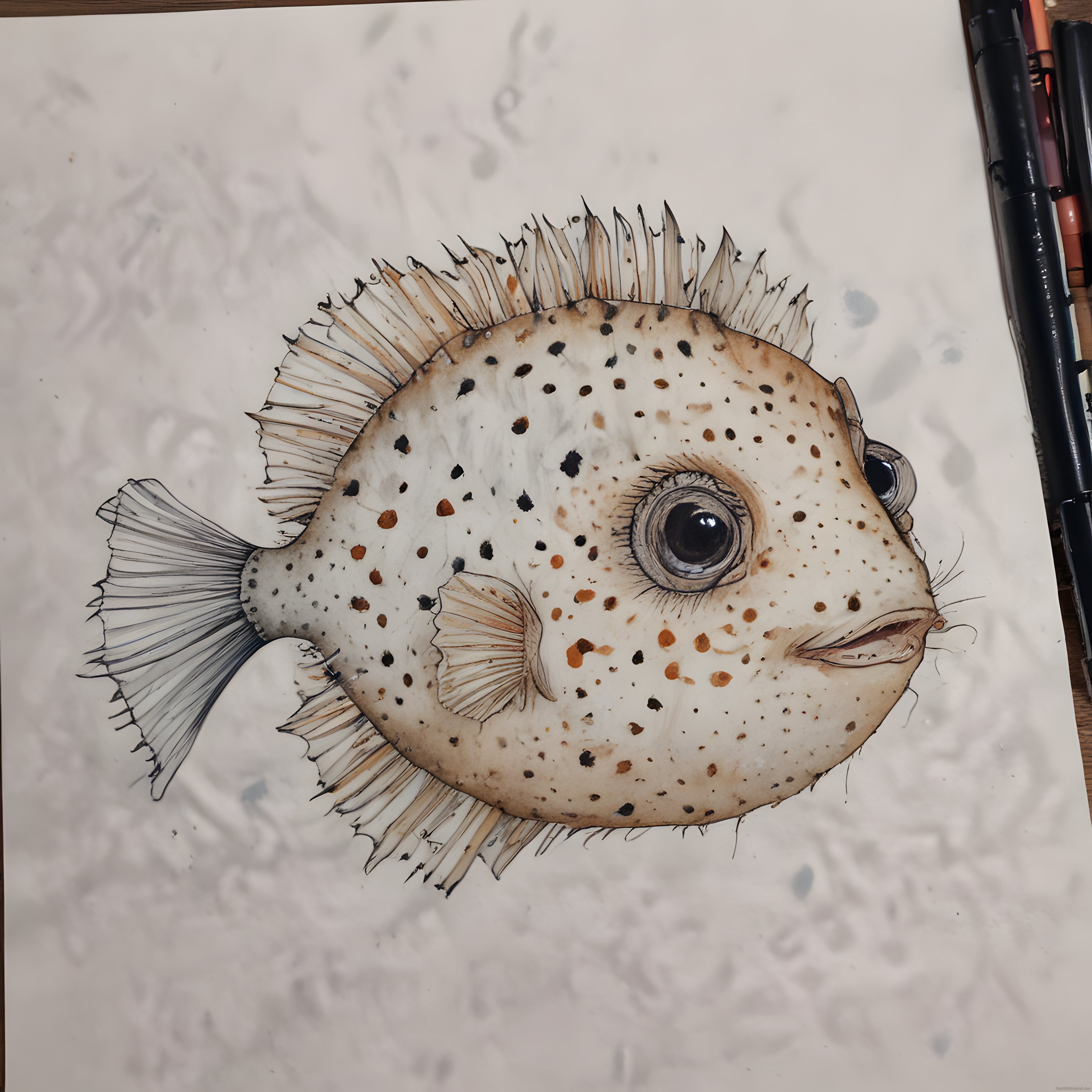 Mürekkep ve suluboya ile yapılmış detaylı kirpi balığı sanat çalışması