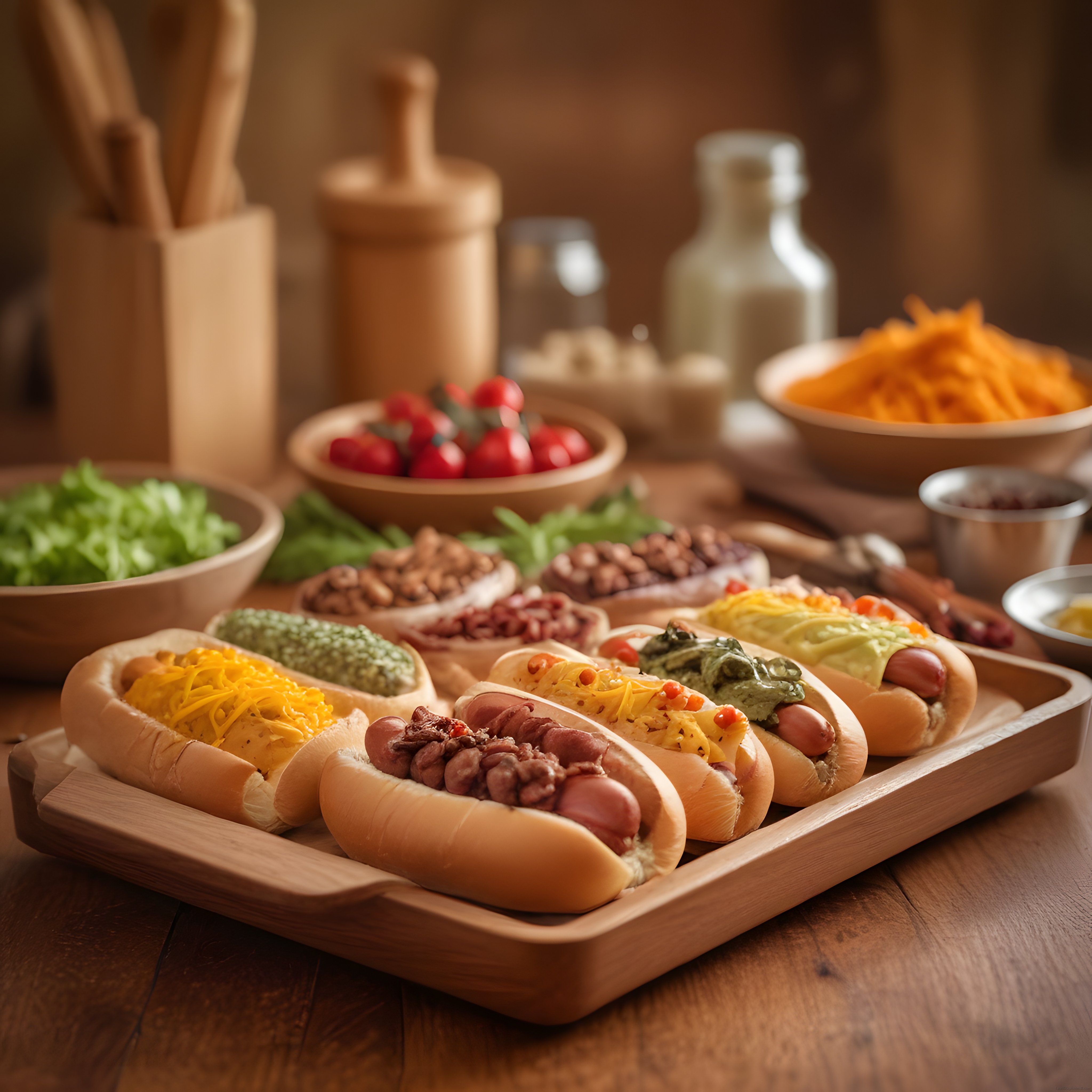 Mutfak Masasında Çeşitli Malzemelerle Süslenmiş Hot Dogların Lezzetli Sunumu
