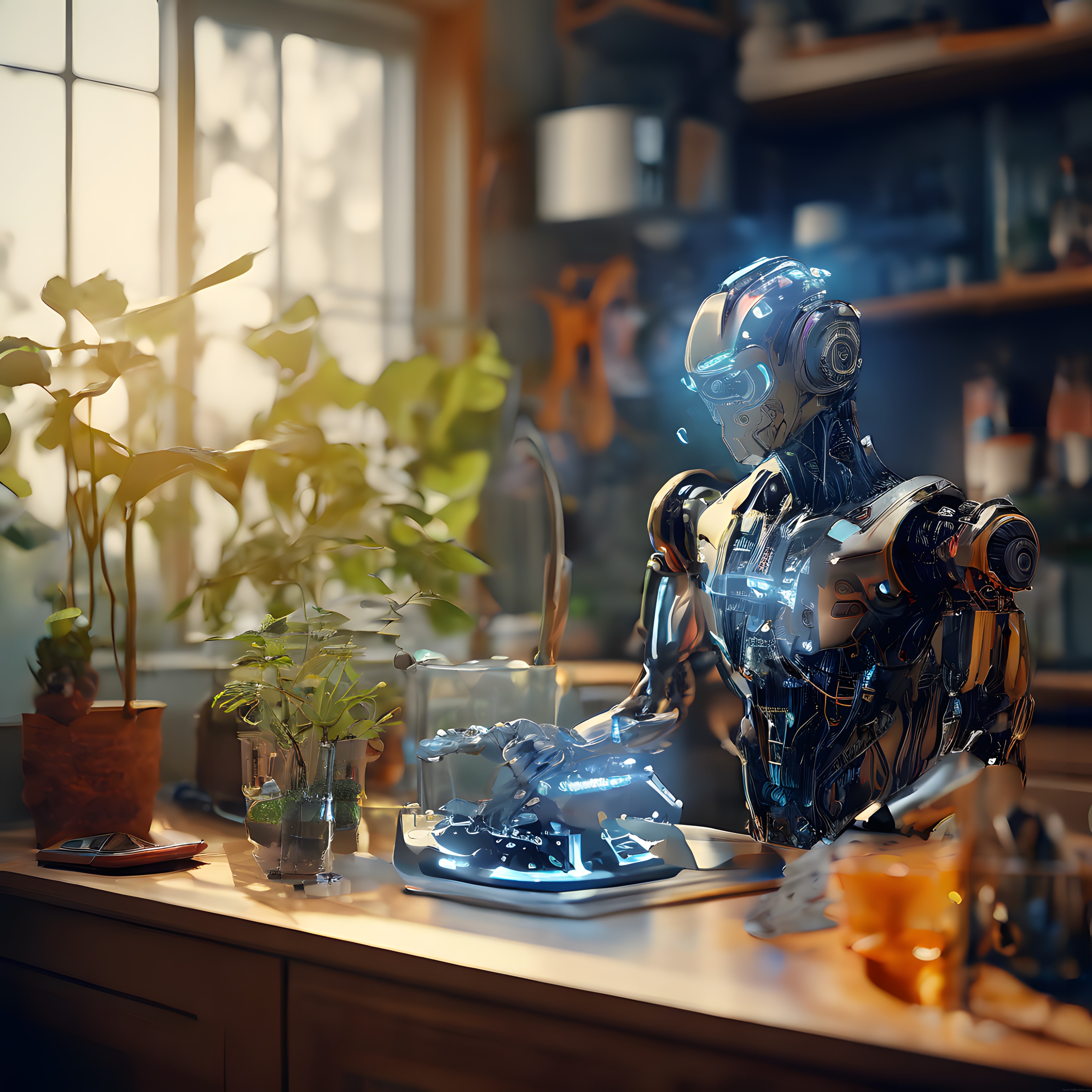 mutfak tezgahında bitki yetiştiren holografik robot ve geleceğin teknolojisi