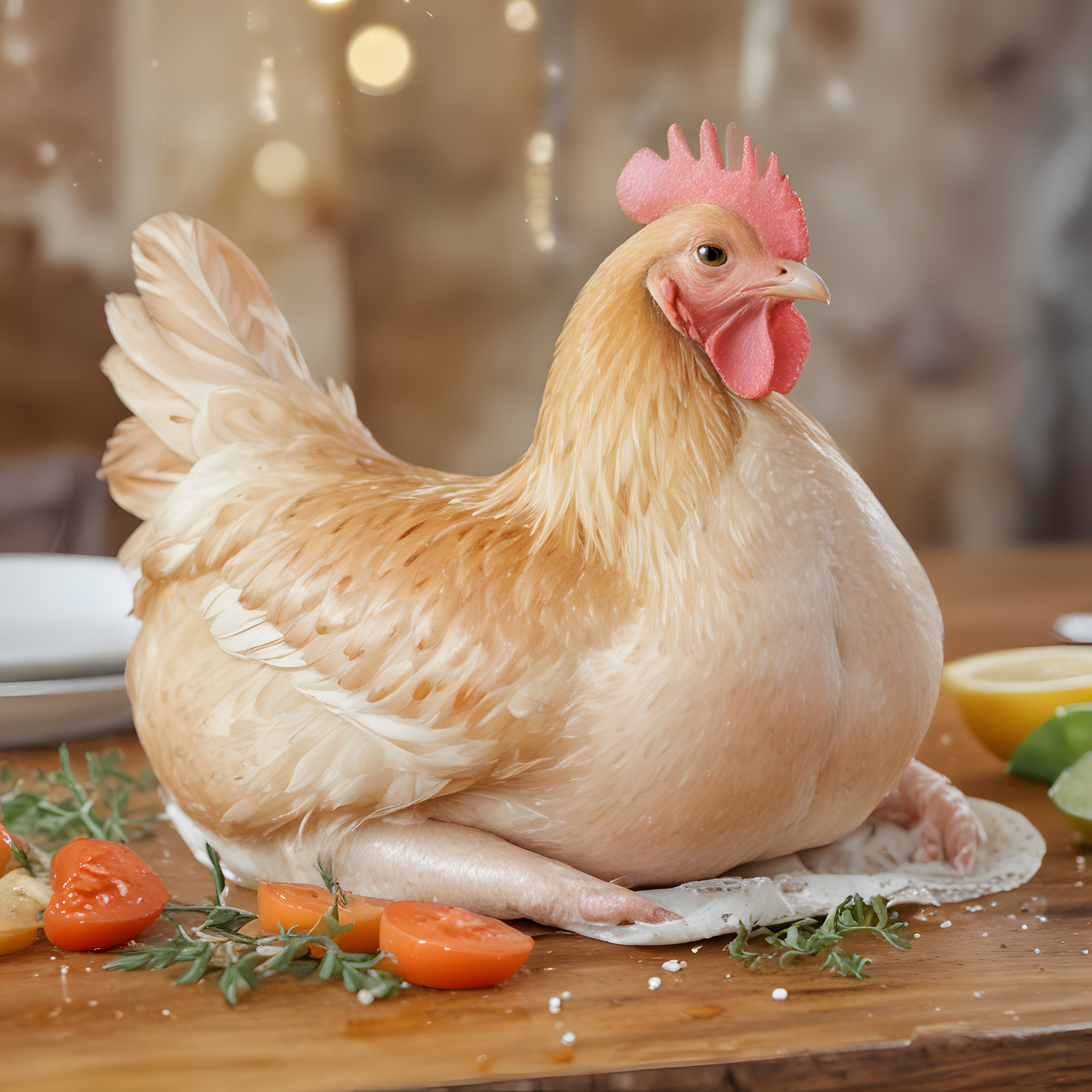 Mutfak Tezgahında Domates ve Limon Eşliğinde Poz Veren Sevimli Tavuk