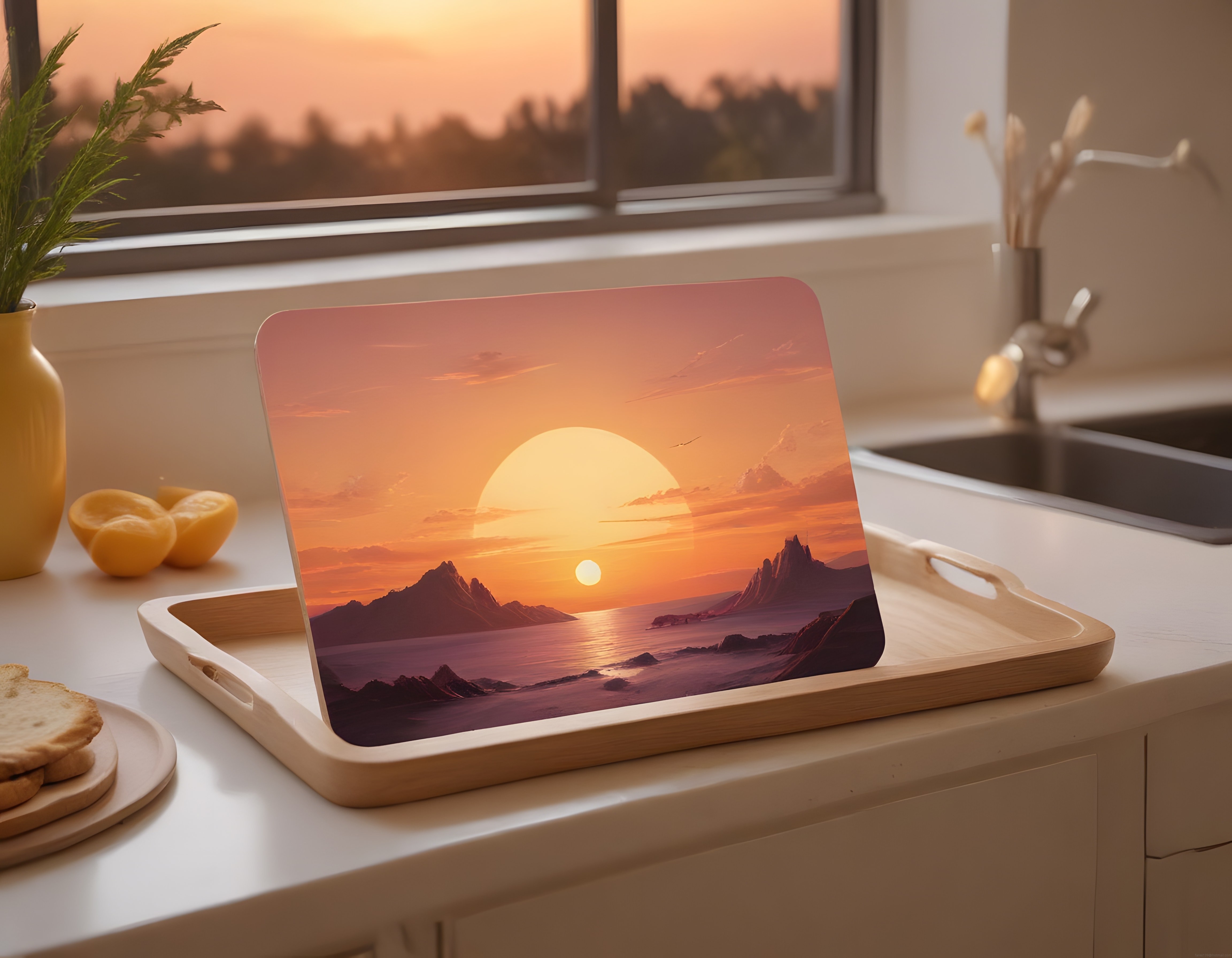 Mutfak Tezgahında Gün Batımı Manzaralı Laptop ve Sıcak Ev Atmosferi