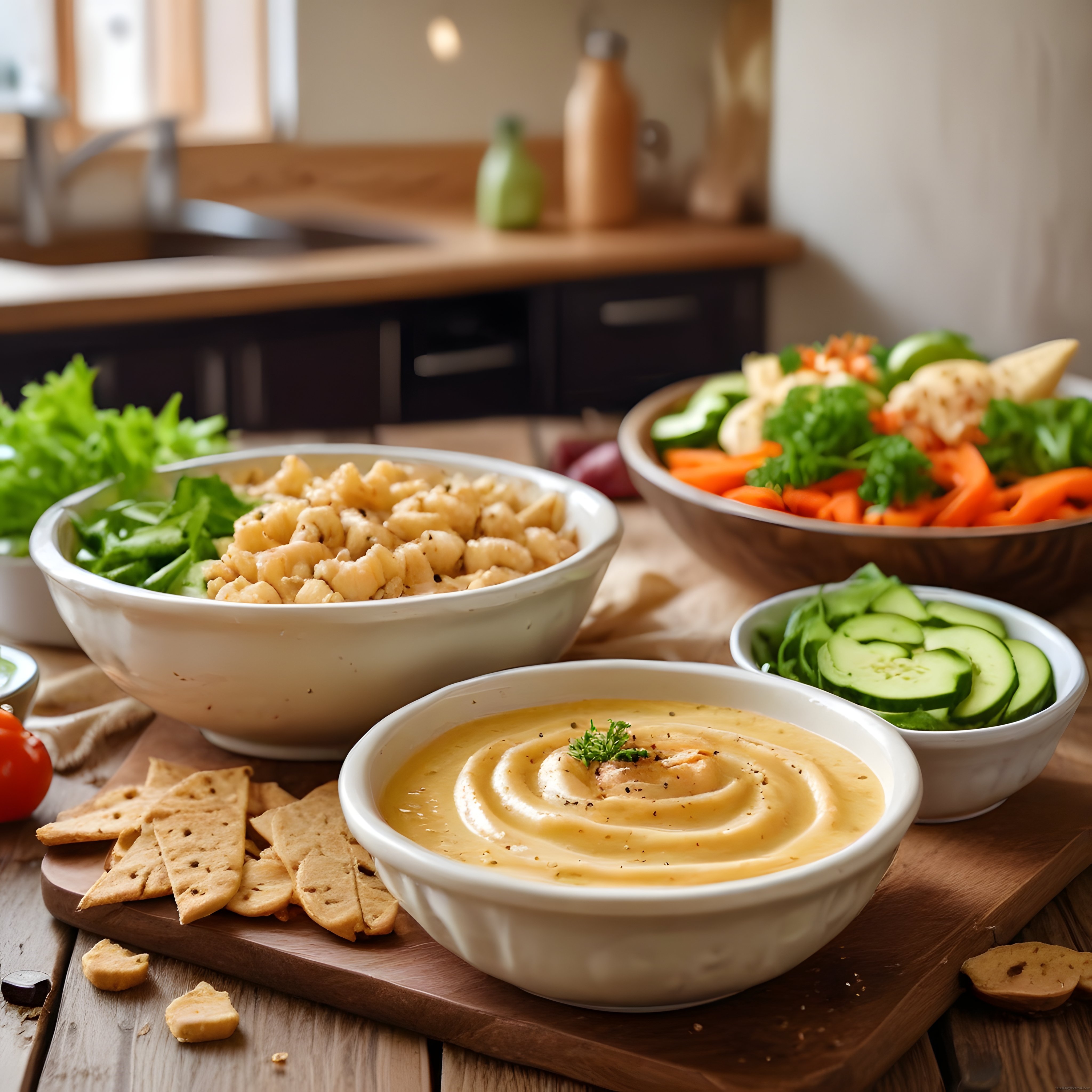Mutfak Tezgahında Humus, Taze Sebzeler ve Makarna Salatası Sunumu