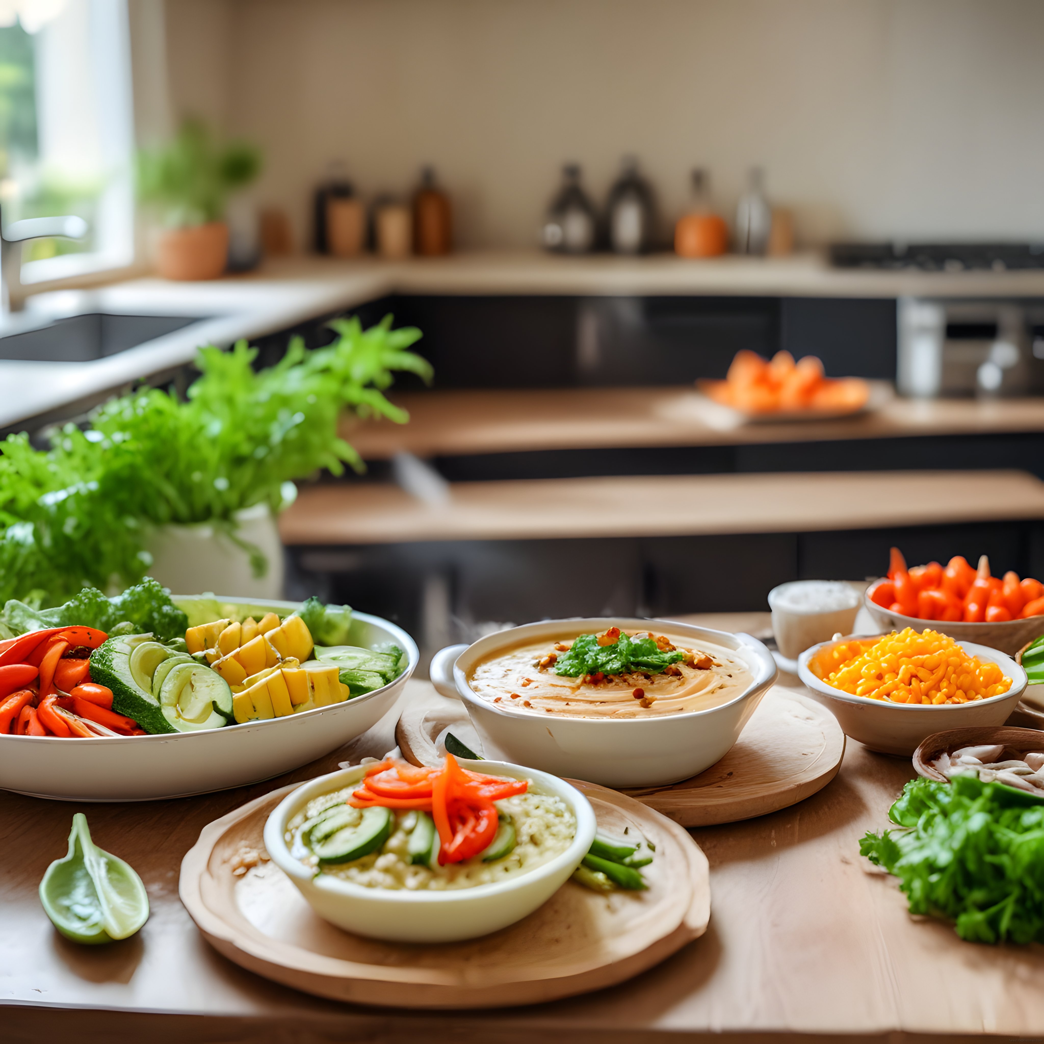 Mutfak Tezgahında Renkli Sebzeler ve Ev Yapımı Humus ile Sağlıklı Meze Sunumu