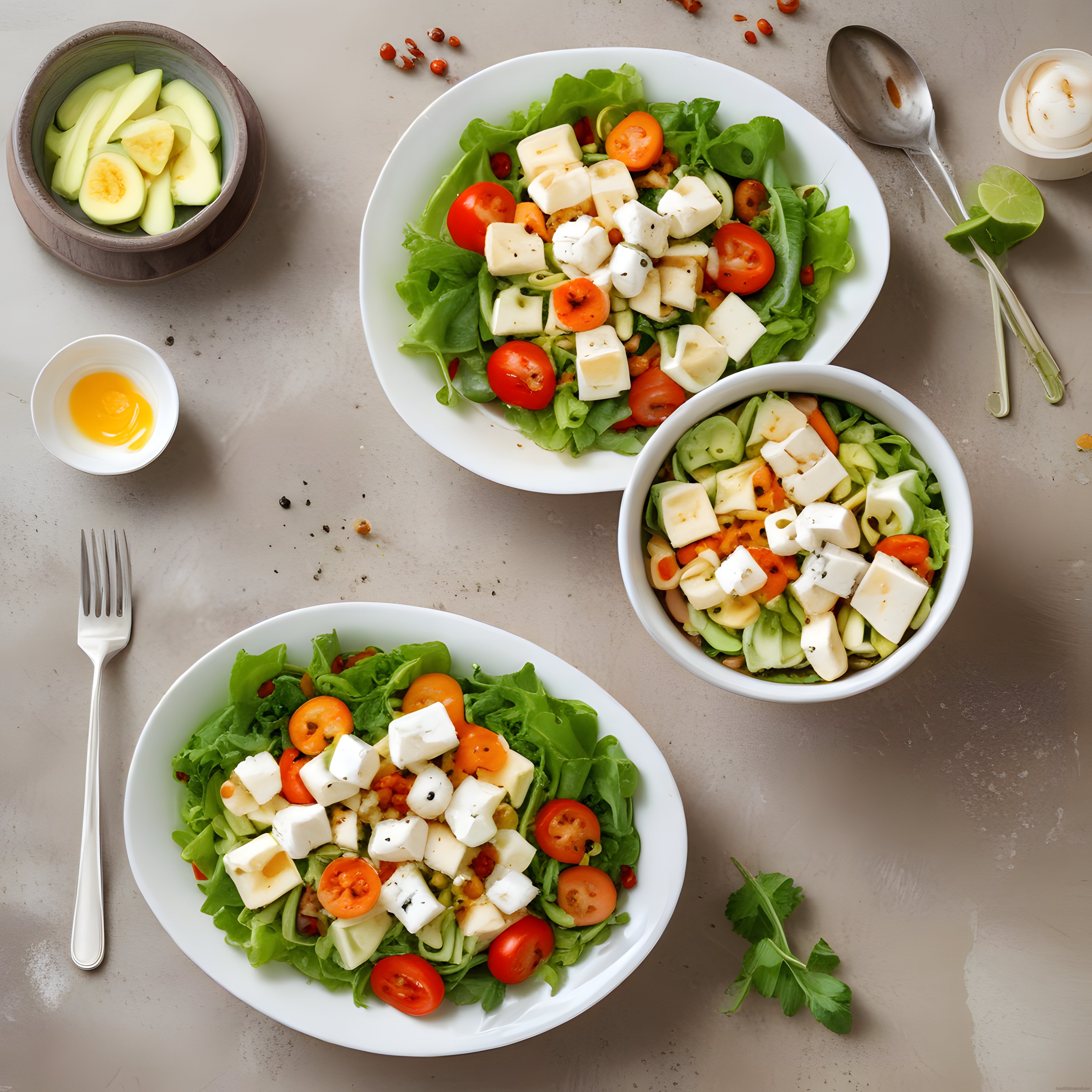 Mutfak Tezgahında Taze Peynirli ve Sebzeli Sağlıklı Salata Sunumu