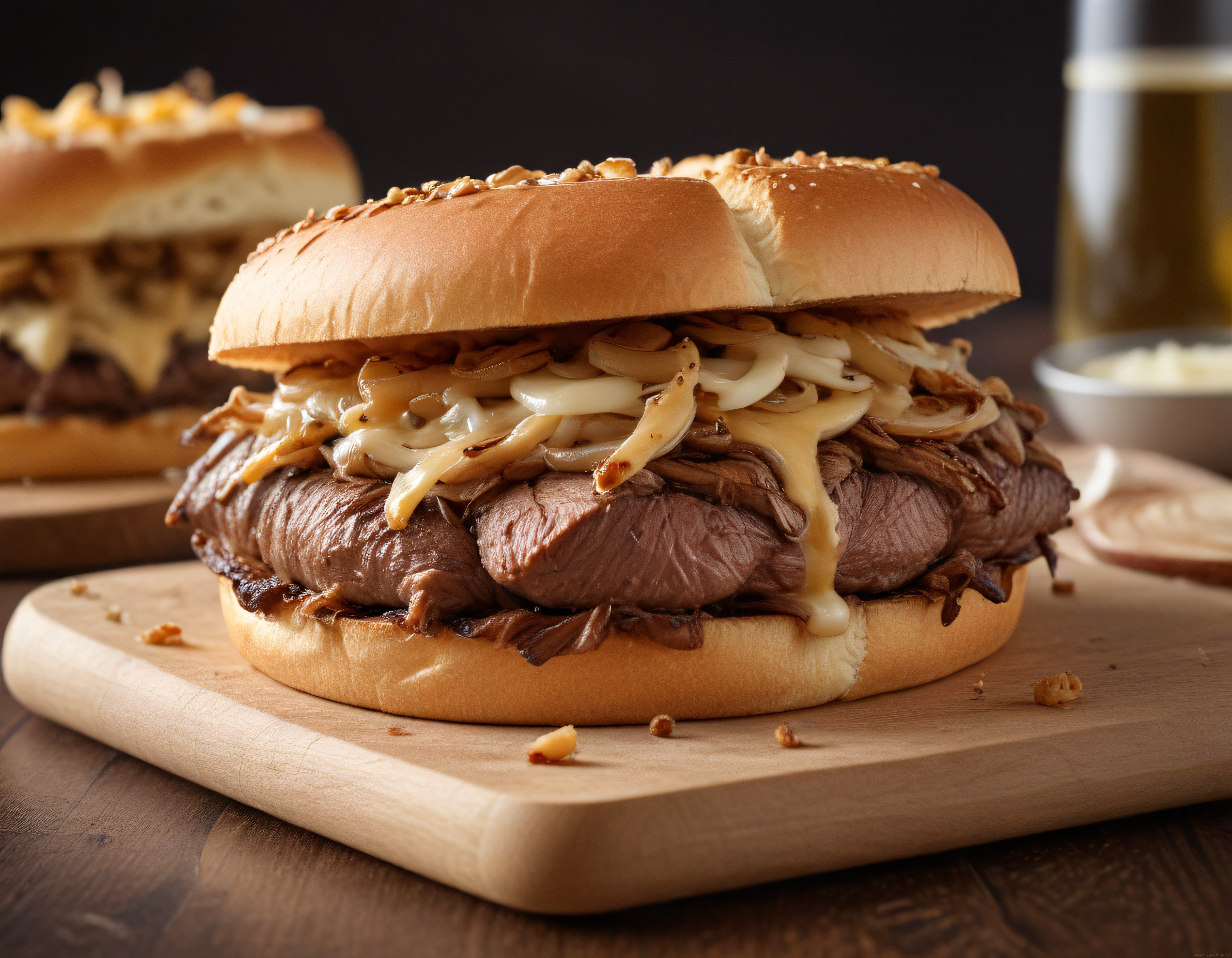 Mutfakta Ahşap Tahta Üzerinde Dana Roast Beef ve Karamelize Soğanlı Sandviç