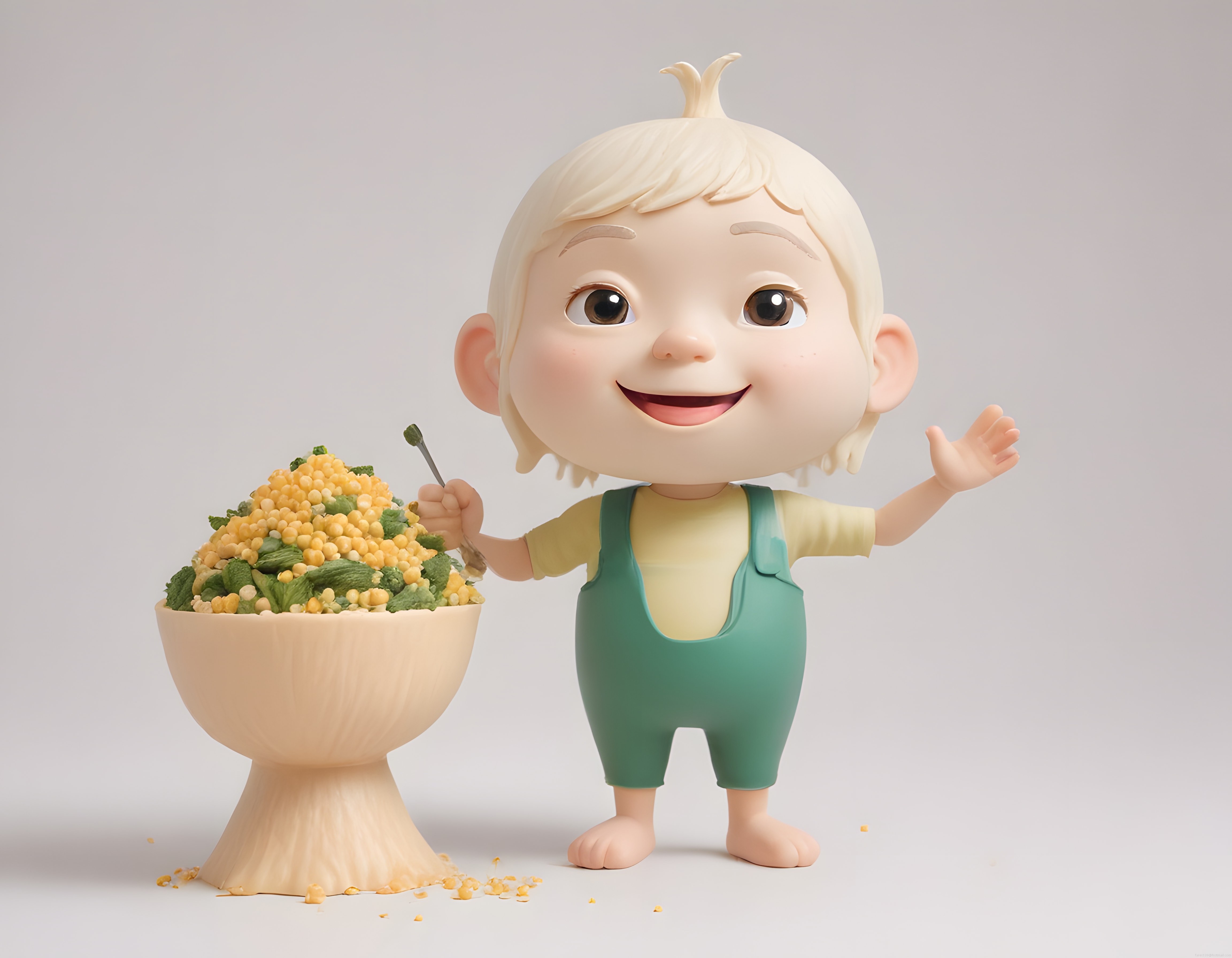 Mutlu 3D Animasyon Bebeği ve Sebzeli Mama Kasesi Dijital Sanat Çalışması