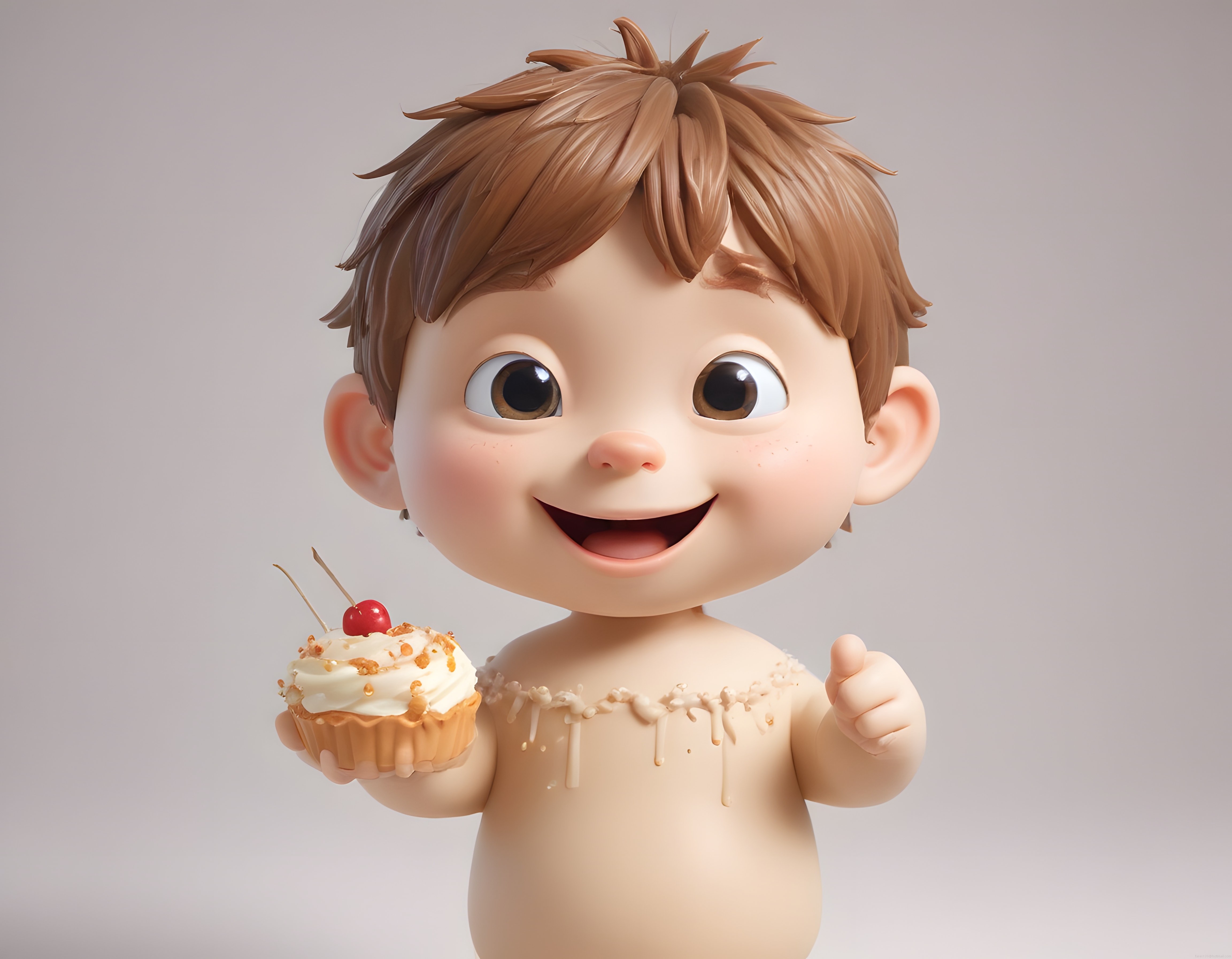 Mutlu 3D Animasyon Çocuk Kirazlı Cupcake Tutuyor ve Başparmağını Kaldırıyor