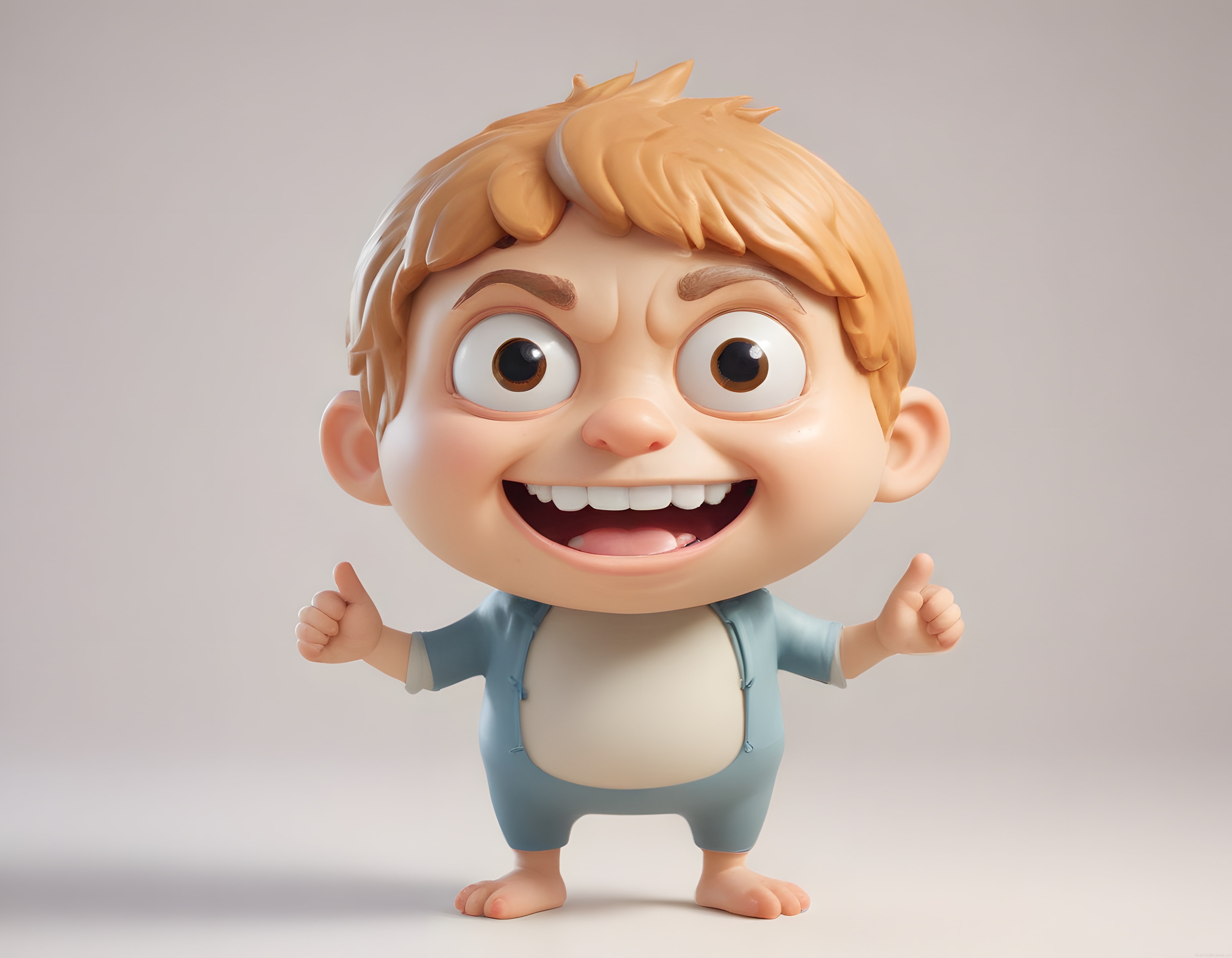mutlu 3d çizgi film bebek karakteri çift başparmak pozu ve parlak gülümsemesi