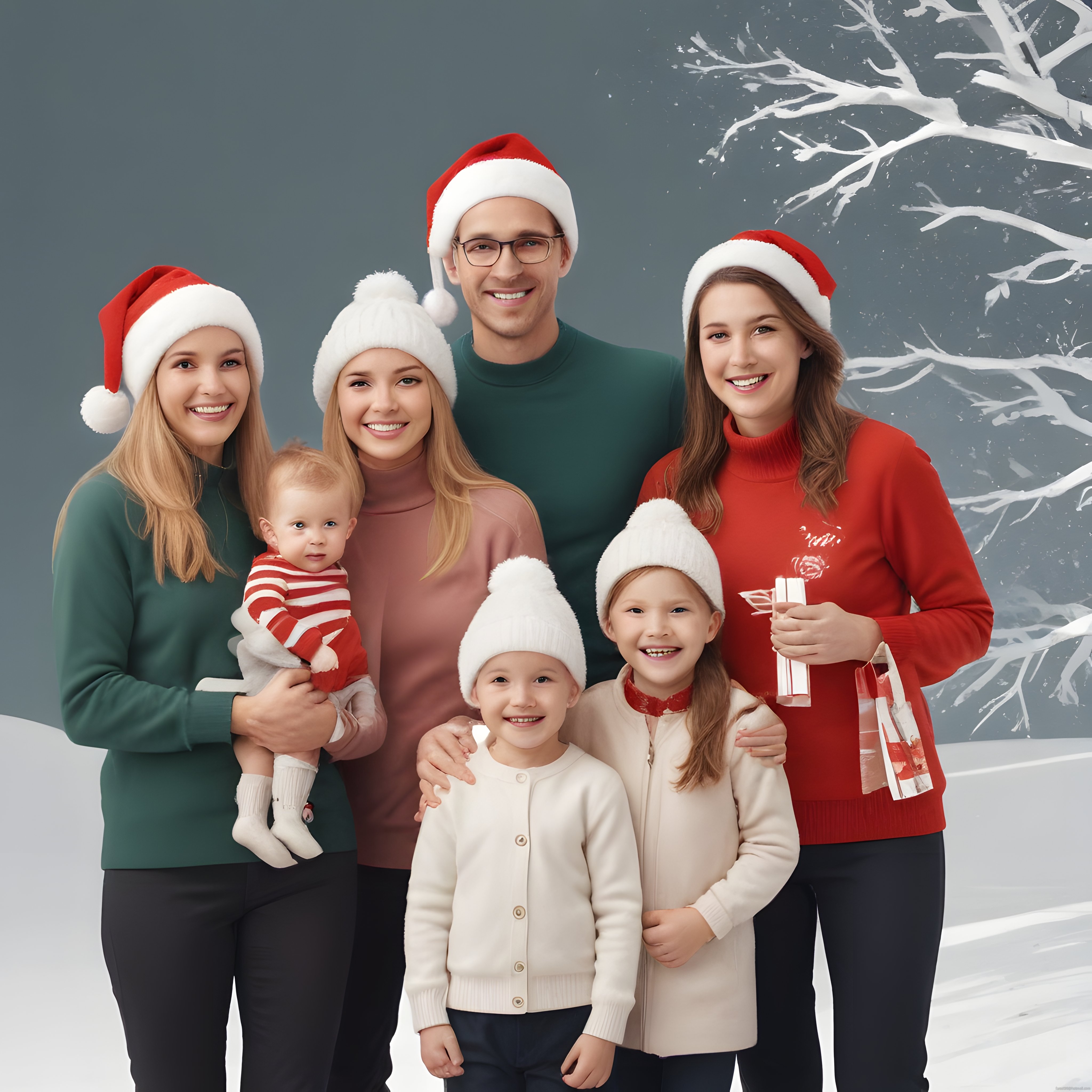 Mutlu Aile Kış Portresi: Noel Şapkaları ve Karlı Ormanda Hediyeli Fotoğraf Mutlu Aile Kış Portresi: Noel Şapkaları ve Karlı Ormanda Hediyeli Fotoğraf