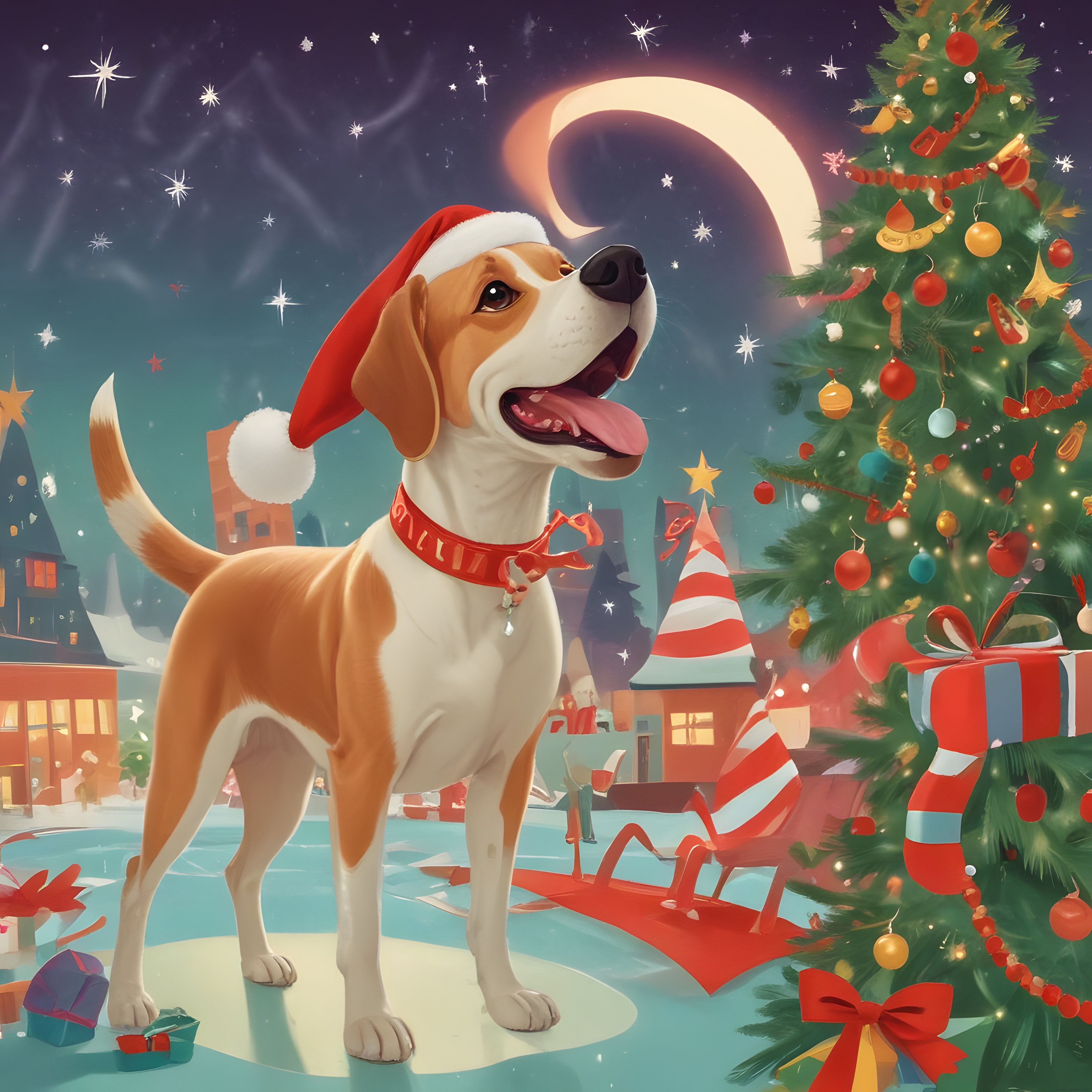 Mutlu Beagle Köpeği Yılbaşı Şapkasıyla Karlı Gecede Yılbaşı Ağacı Yanında