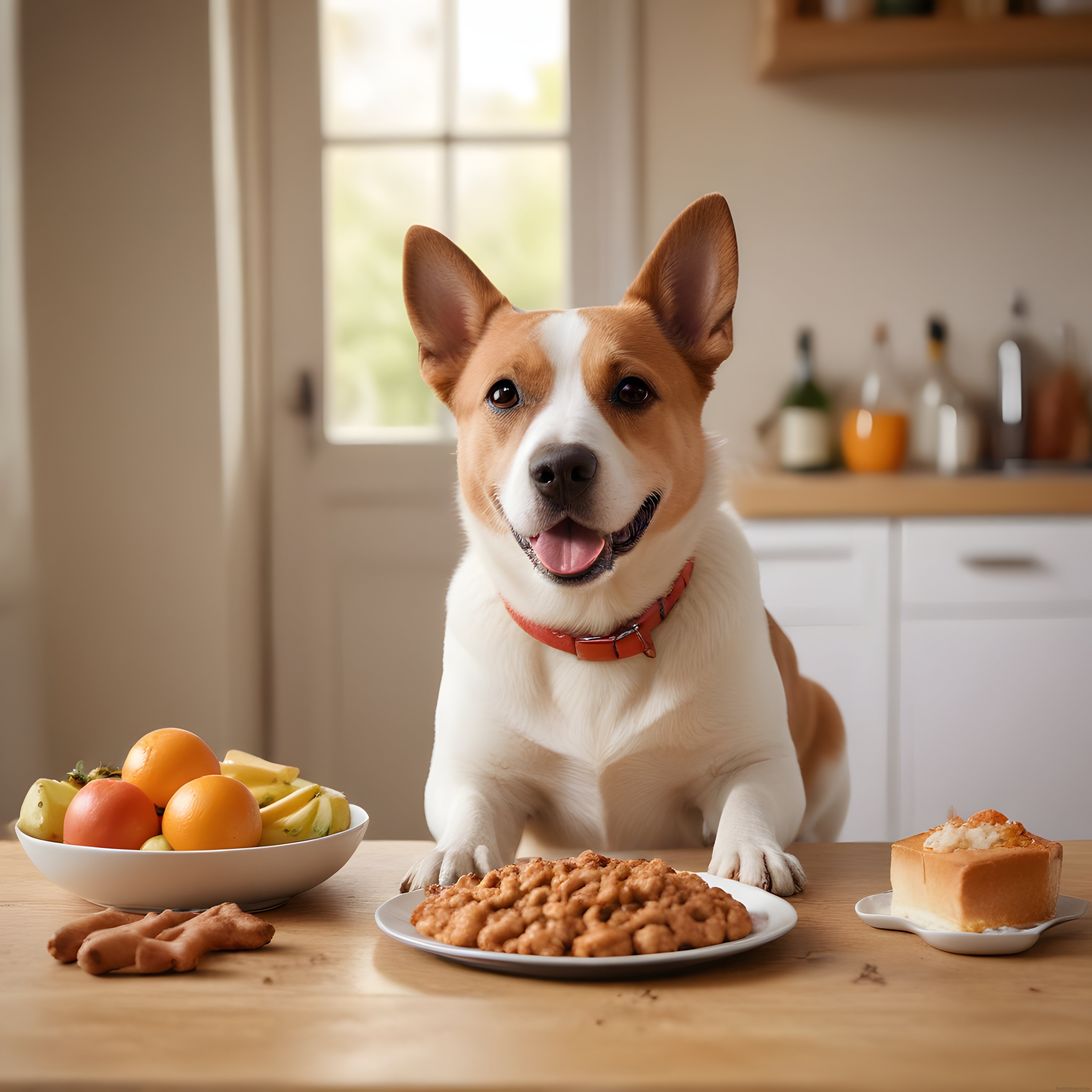 Mutlu Corgi Köpeği Mutfak Masasında Lezzetli Yiyeceklerle Poz Veriyor