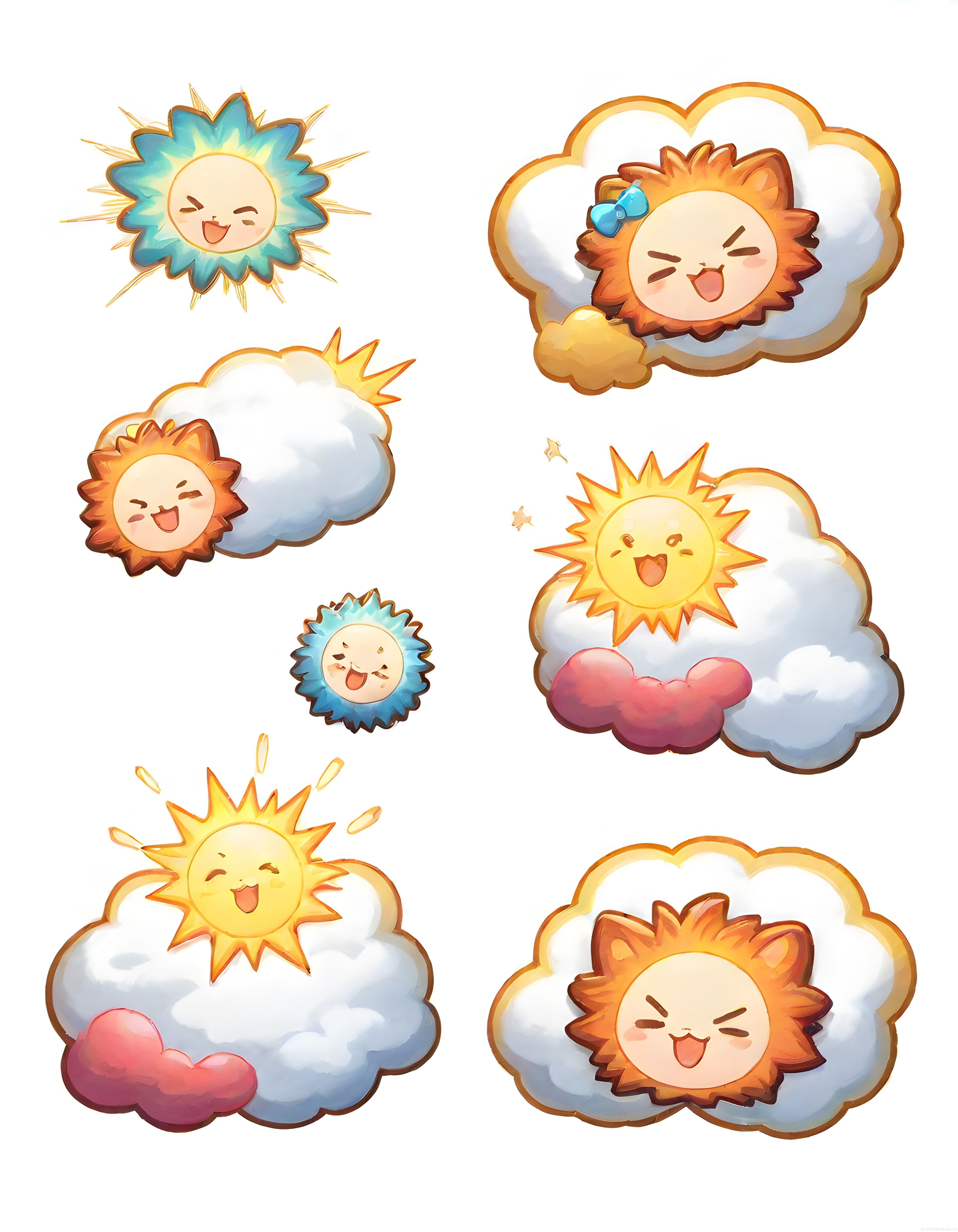 Mutlu güneş ve bulut karakterlerinin yer aldığı sevimli animasyon sticker seti