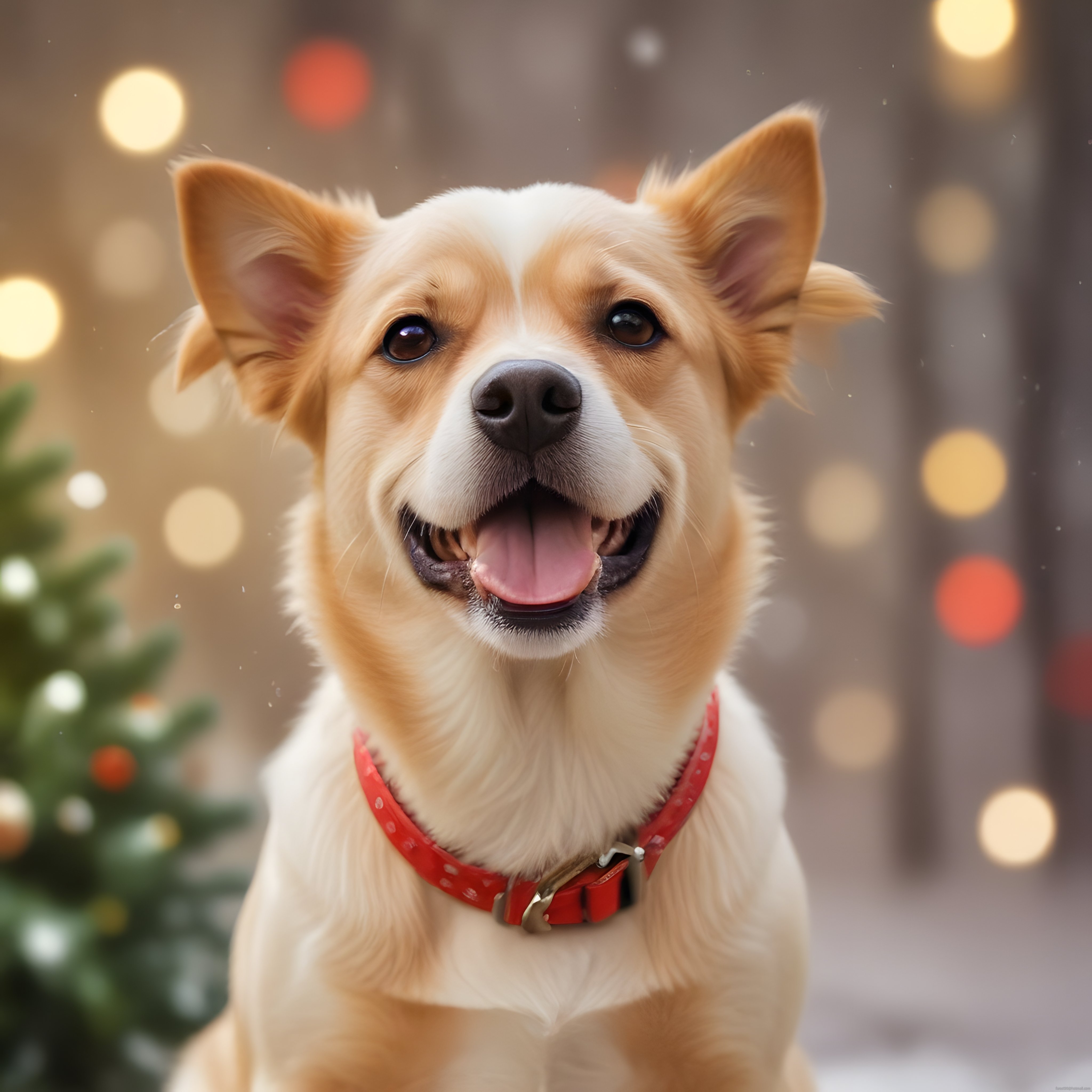 Mutlu Köpek Yılbaşı Portresi: Kırmızı Tasma ve Işıltılı Arka Plan