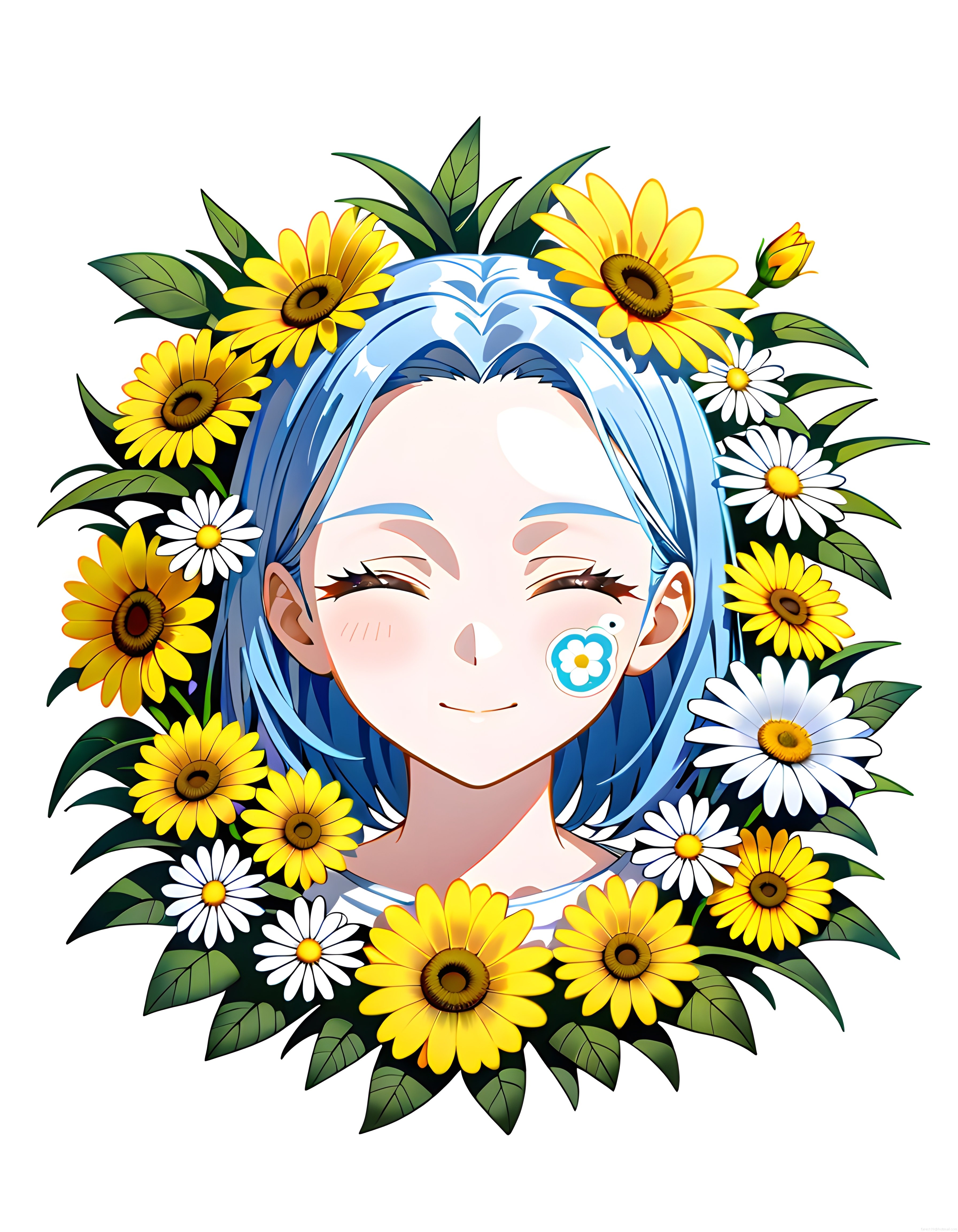 Mutlu Mavi Saçlı Anime Kız Karakteri ve Çiçeklerle Süslenmiş Dijital Portre Çalışması