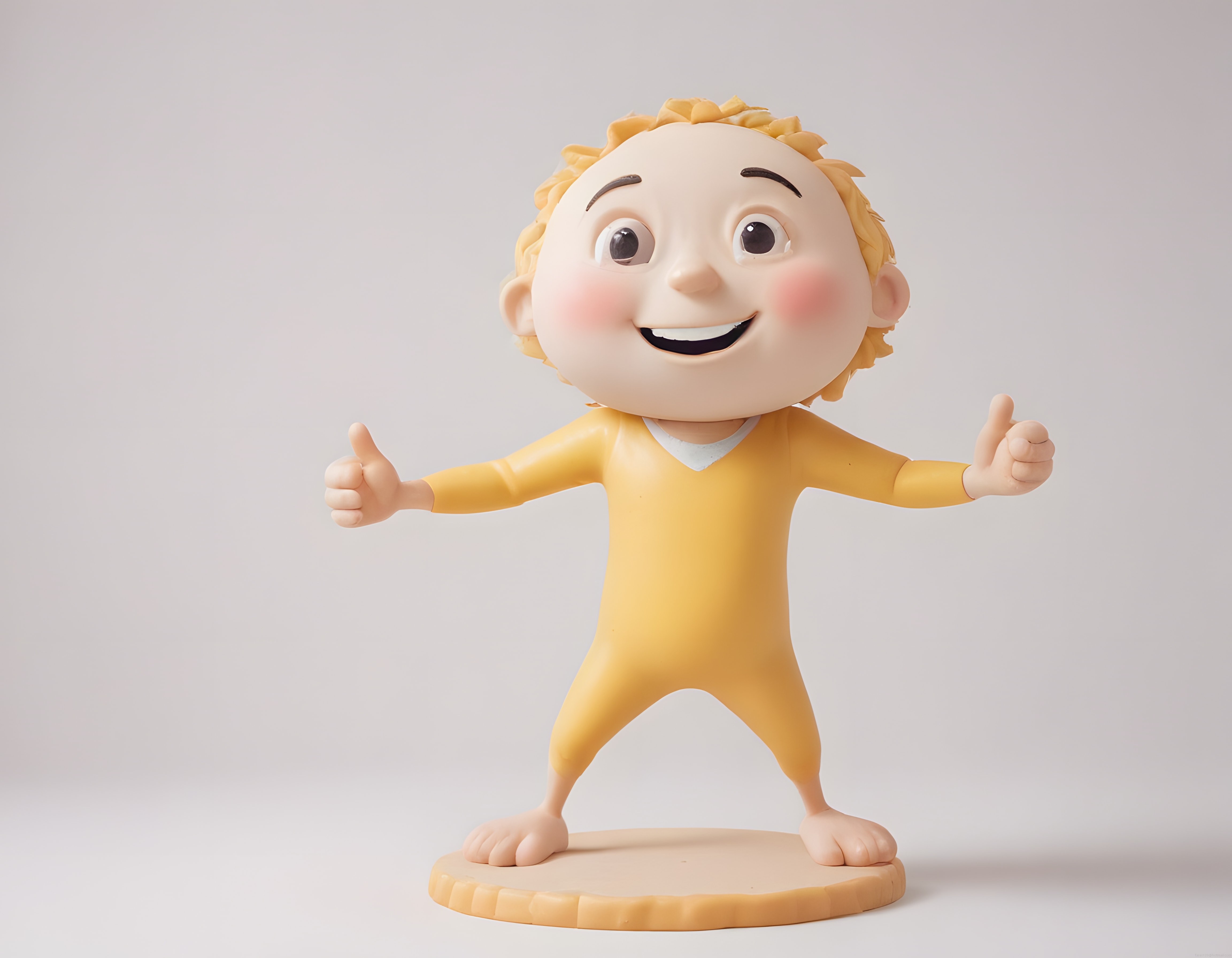 Mutlu Sarı Giysili 3D Çizgi Film Bebeği İki Başparmak Yukarı Pozunda