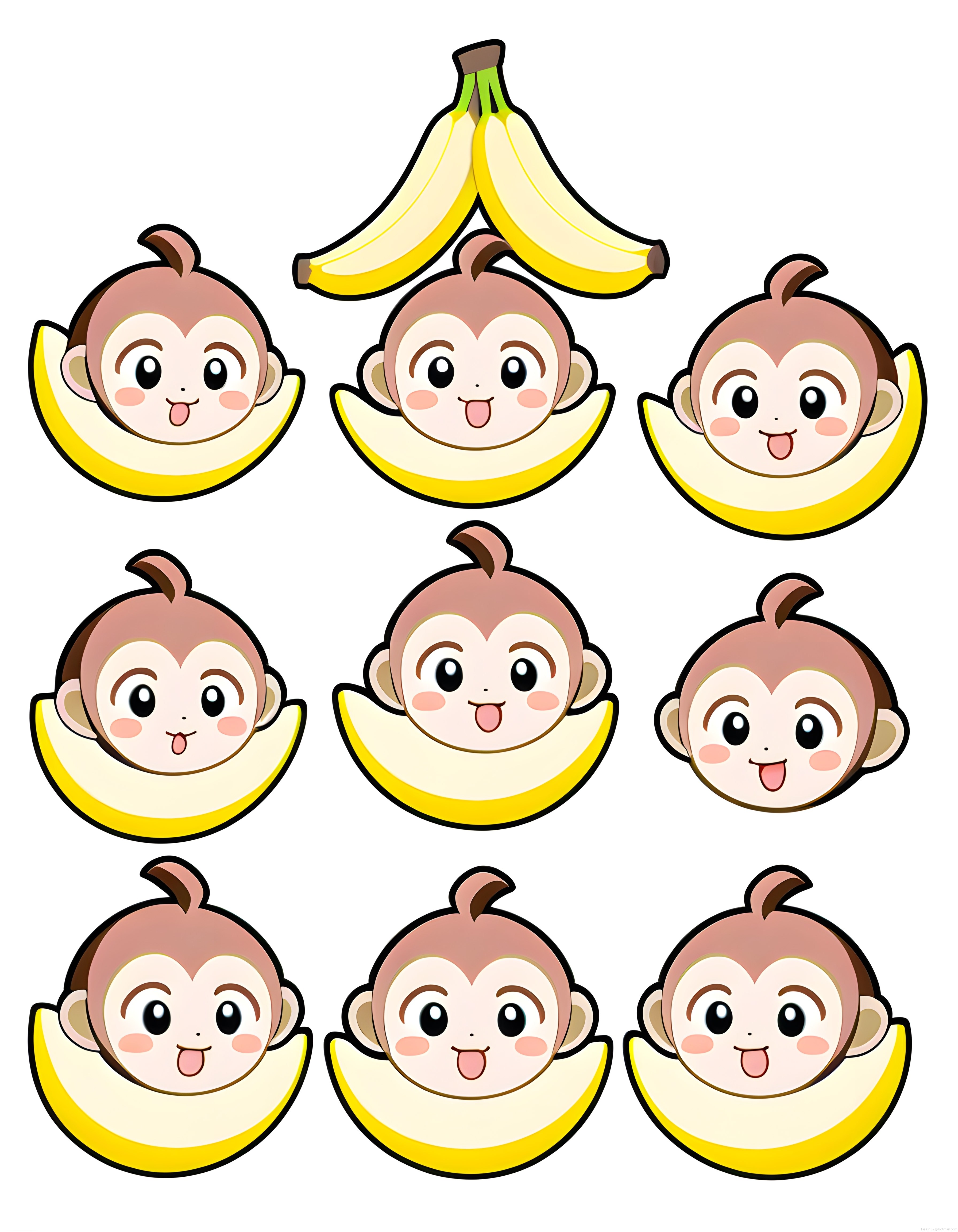 Muz Kabuğundan Gülümseyen Kawaii Maymunlar Sevimli Vektör Sticker Seti