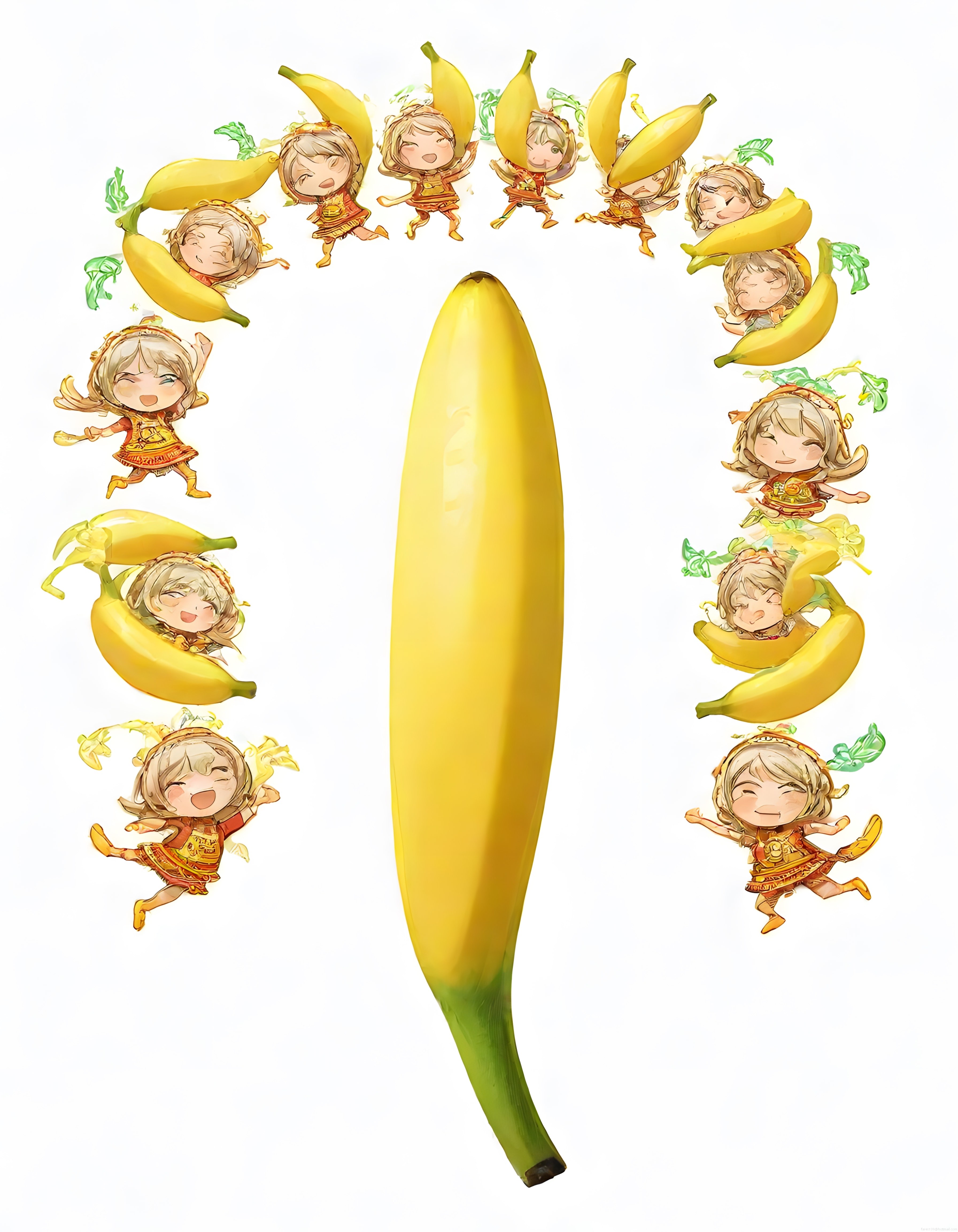 Muz Temalı Neşeli Chibi Anime Karakterleri ve Büyülü Dijital Sanat Eseri