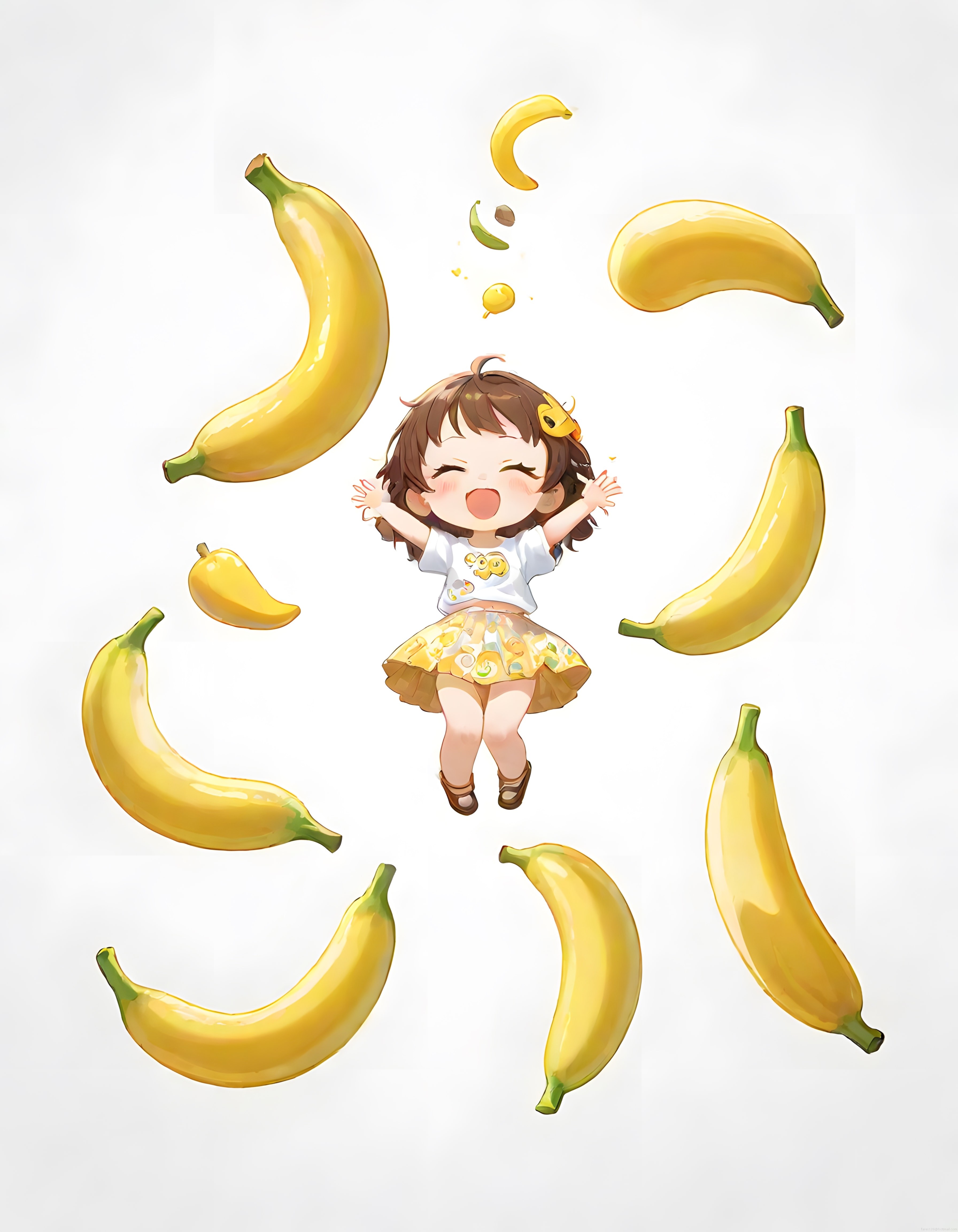 Muzların arasında mutlulukla süzülen sevimli chibi anime kız karakteri