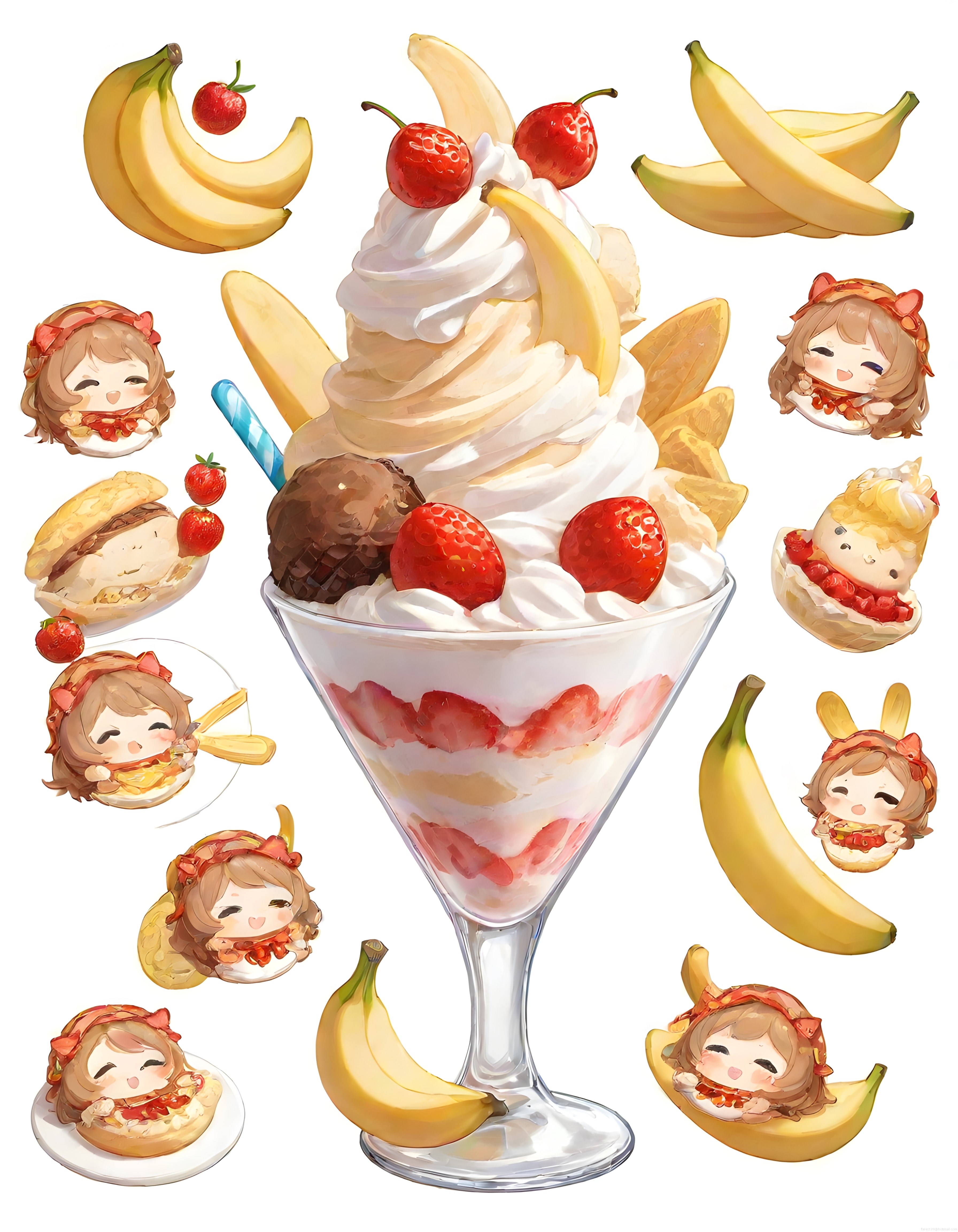 Muzlu çilekli parfe kupası ve etrafındaki sevimli anime chibi karakterler