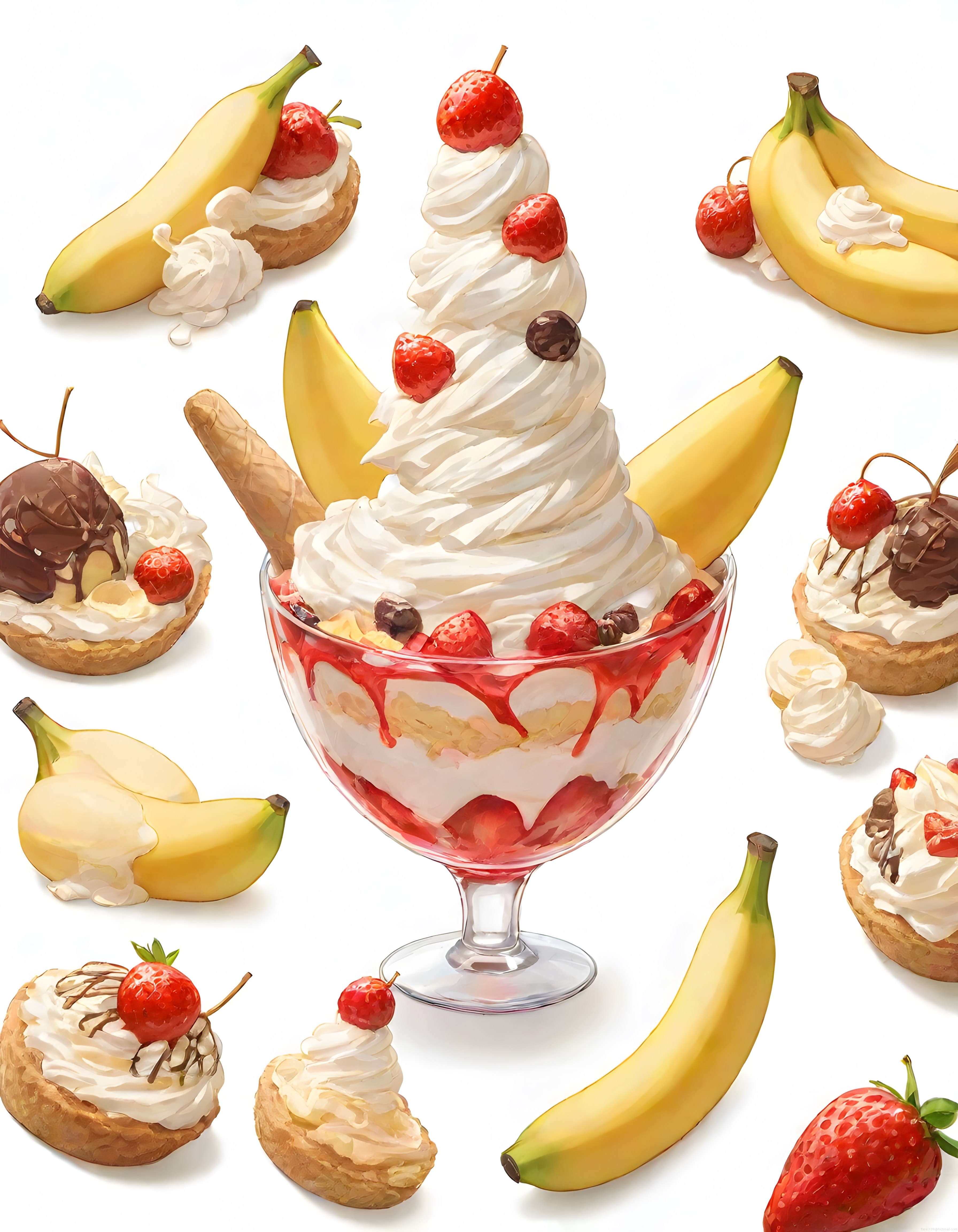 Muzlu Çilekli Sundae ve Anime Tarzı Krema Pastası İllüstrasyonu