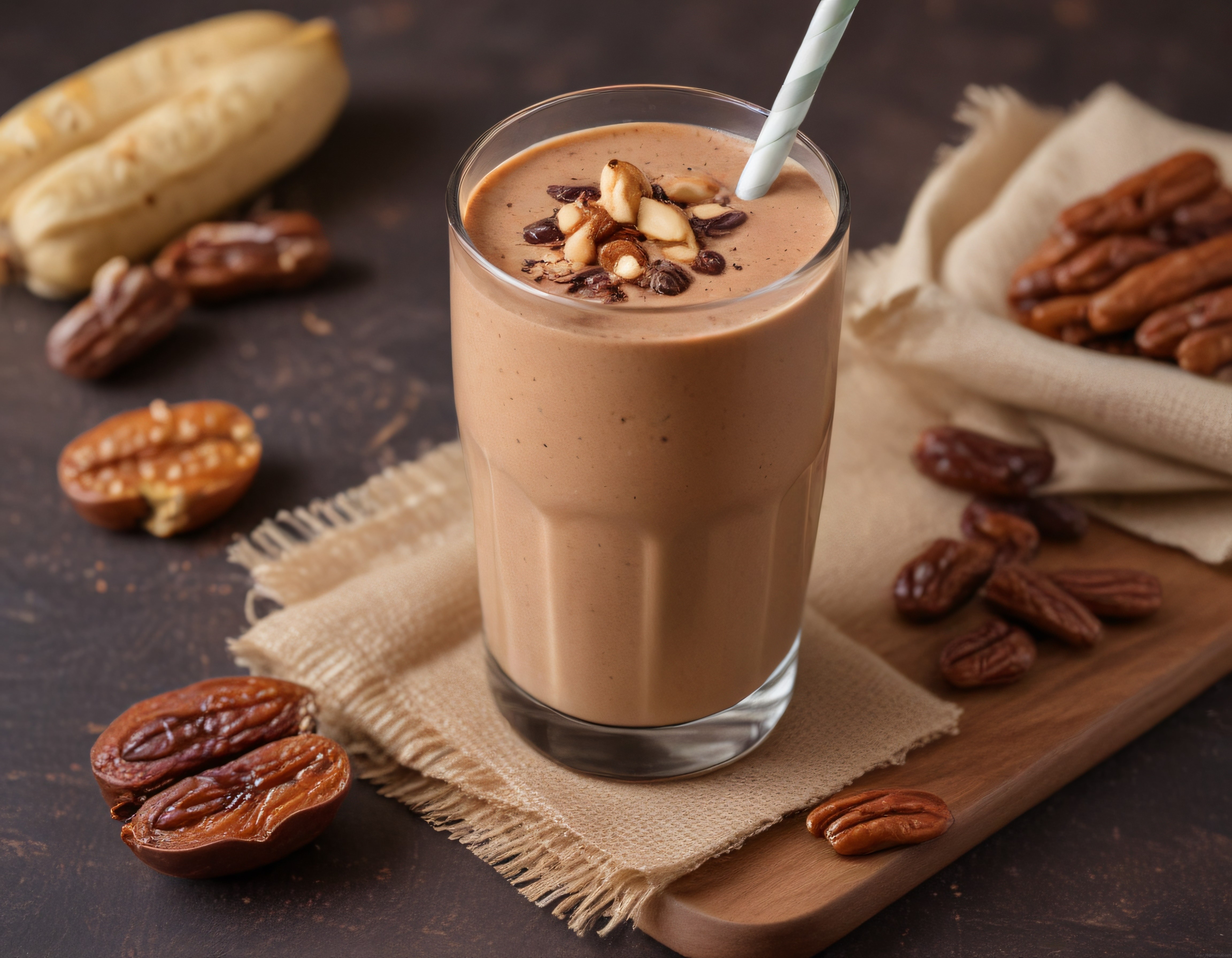 Muzlu Hurmalı Pekanlı Smoothie: Kahverengi Arka Planda Ev Yapımı Sağlıklı İçecek