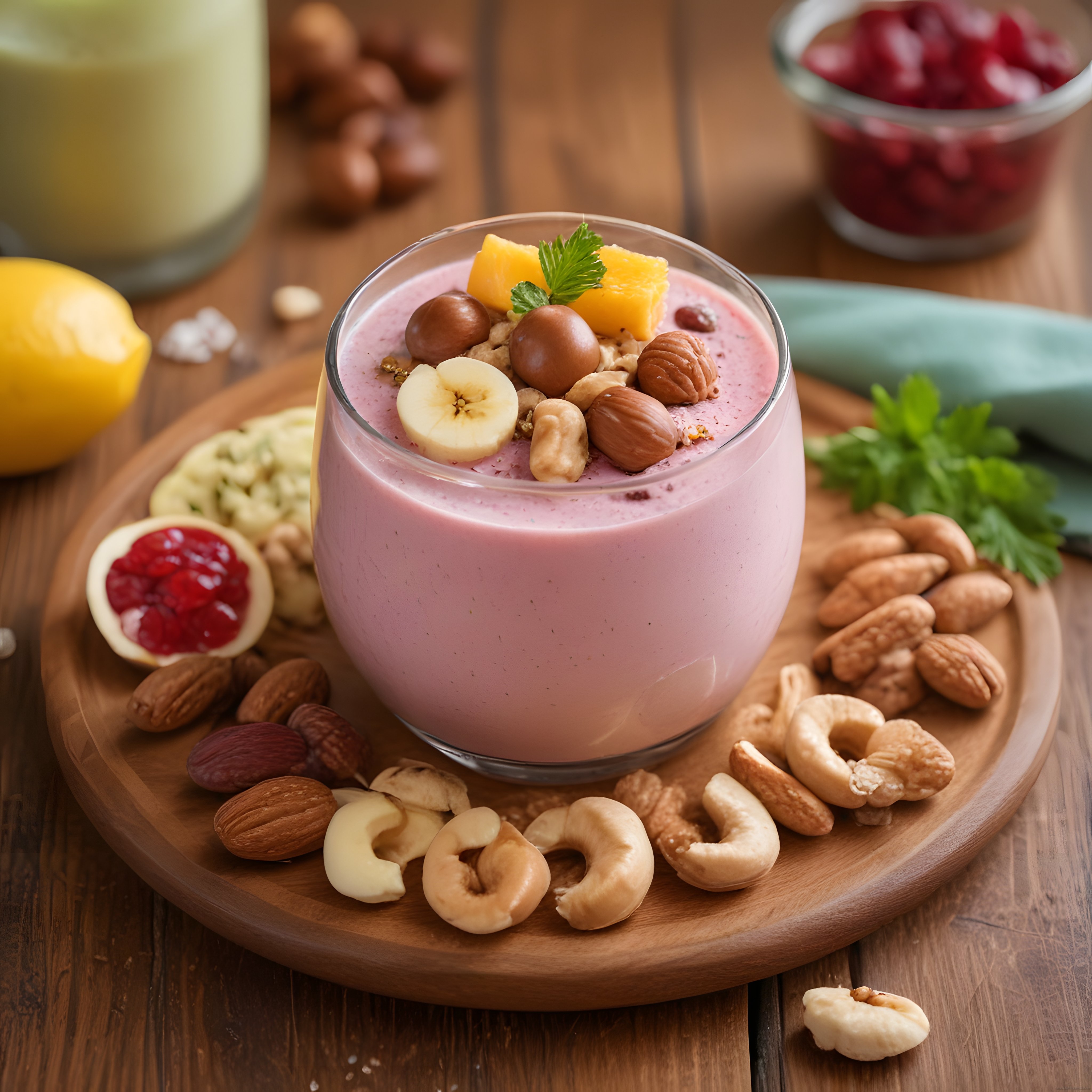 Muzlu ve Ahududulu Sağlıklı Smoothie Bardağı, Kuruyemiş ve Meyve Süslemeli