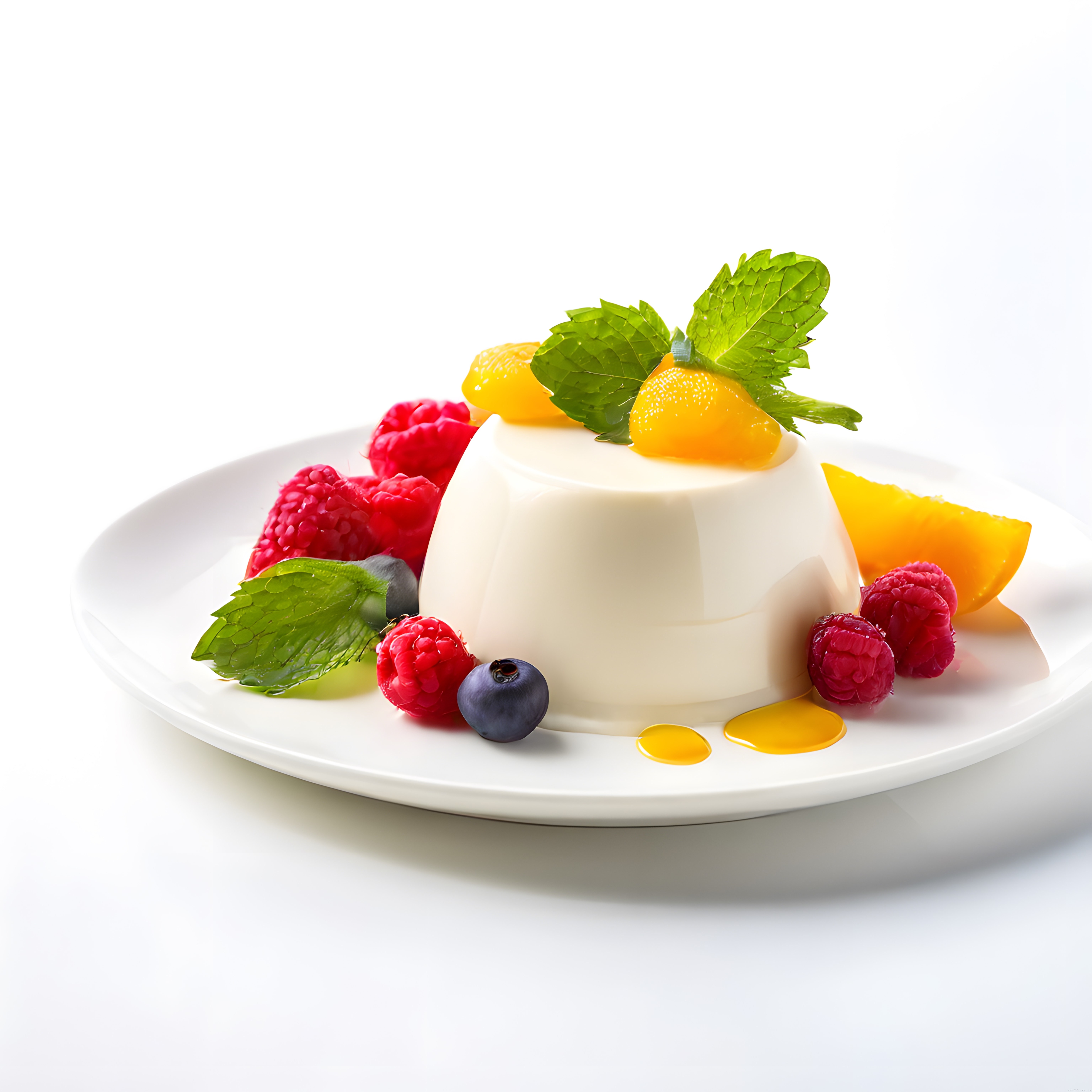 Nane ve Taze Orman Meyveleri ile Süslenmiş Kremalı Panna Cotta Tatlısı