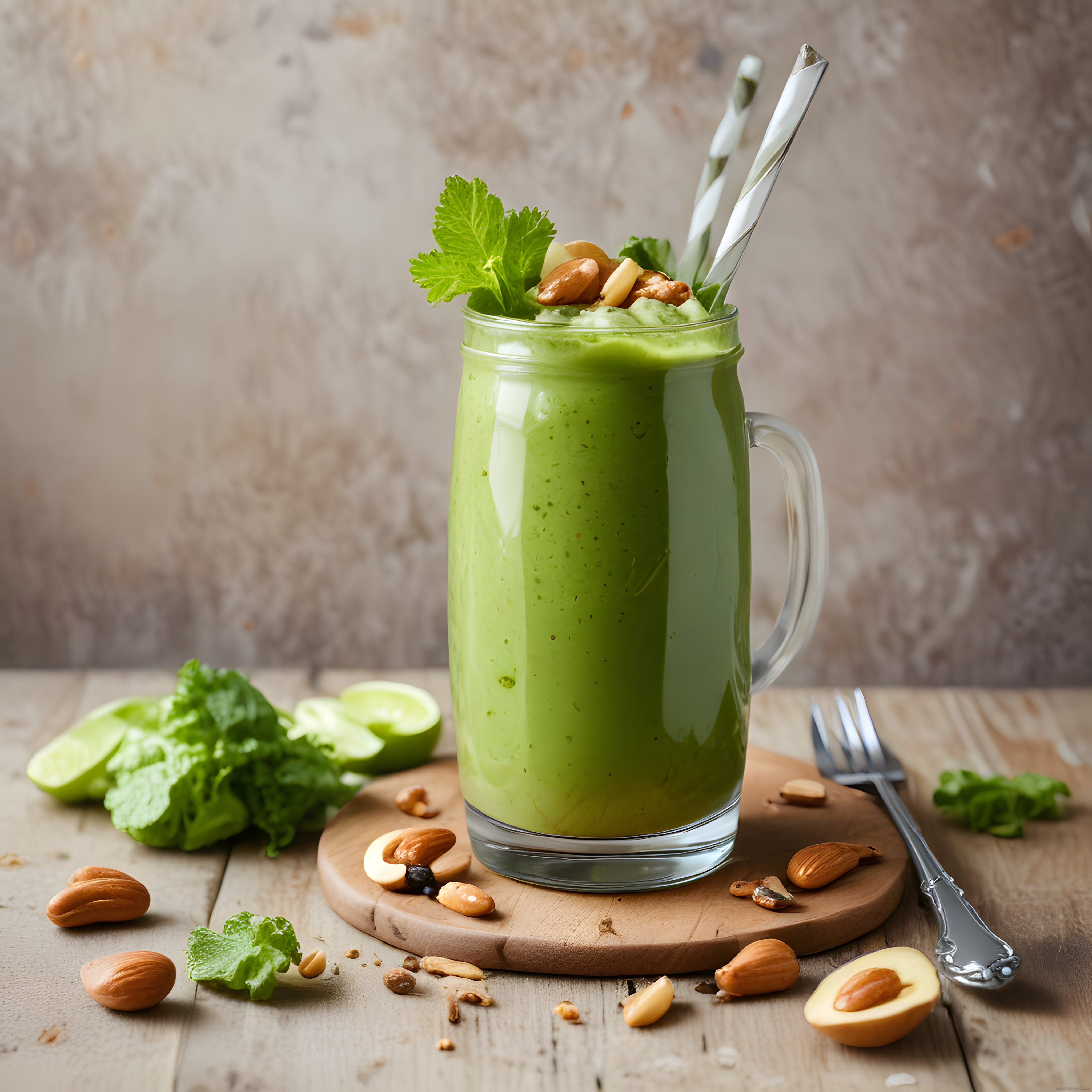 Naneli ve Kuruyemişli Taze Yeşil Smoothie Ahşap Sunum Tahtasında