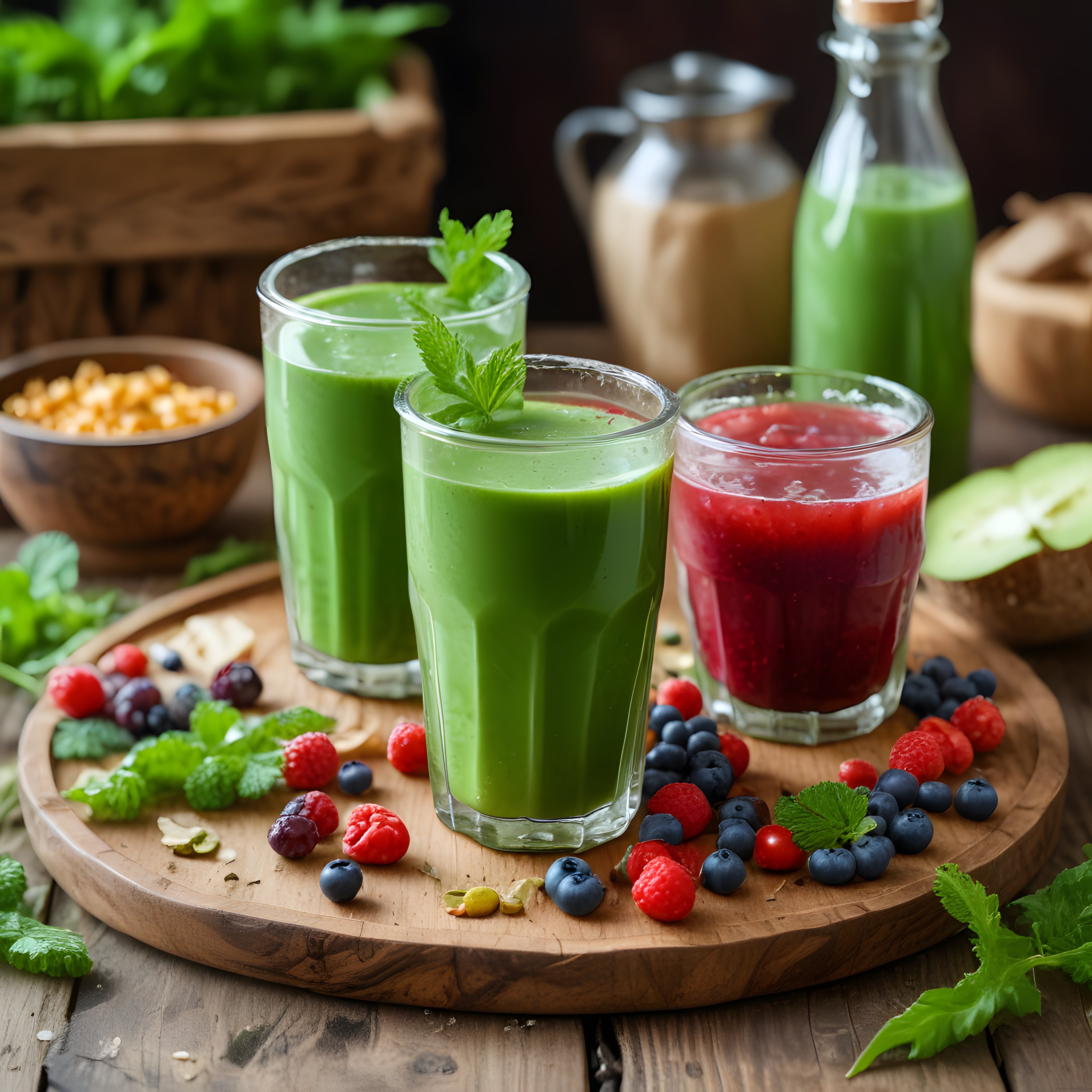 Naneli Yeşil Smoothie ve Orman Meyveli Detox İçeceği Ahşap Sunum Görseli