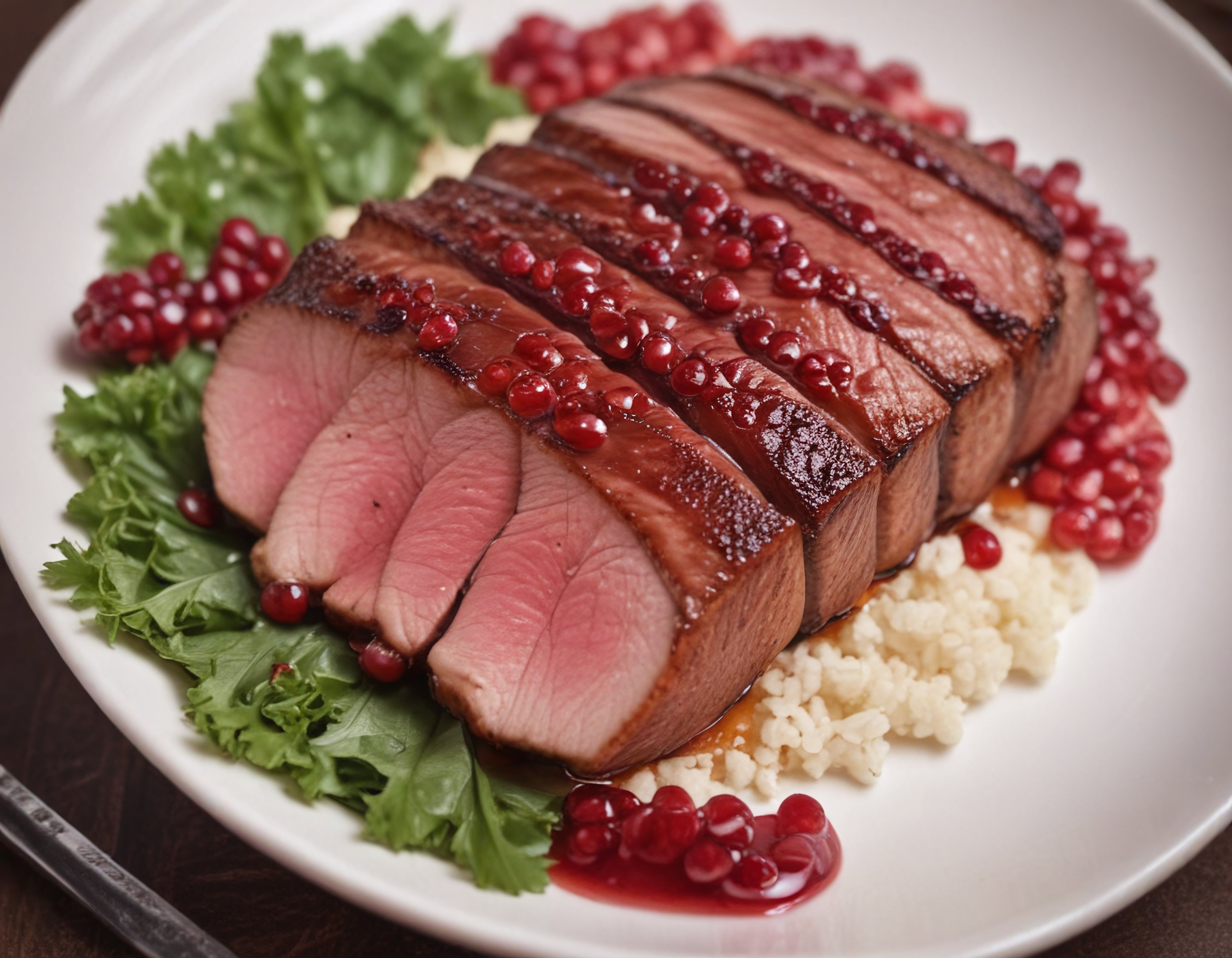 Nar Soslu Orta Pişmiş Et Dilimleri Bulgur Pilavı ve Yeşillik Sunumu