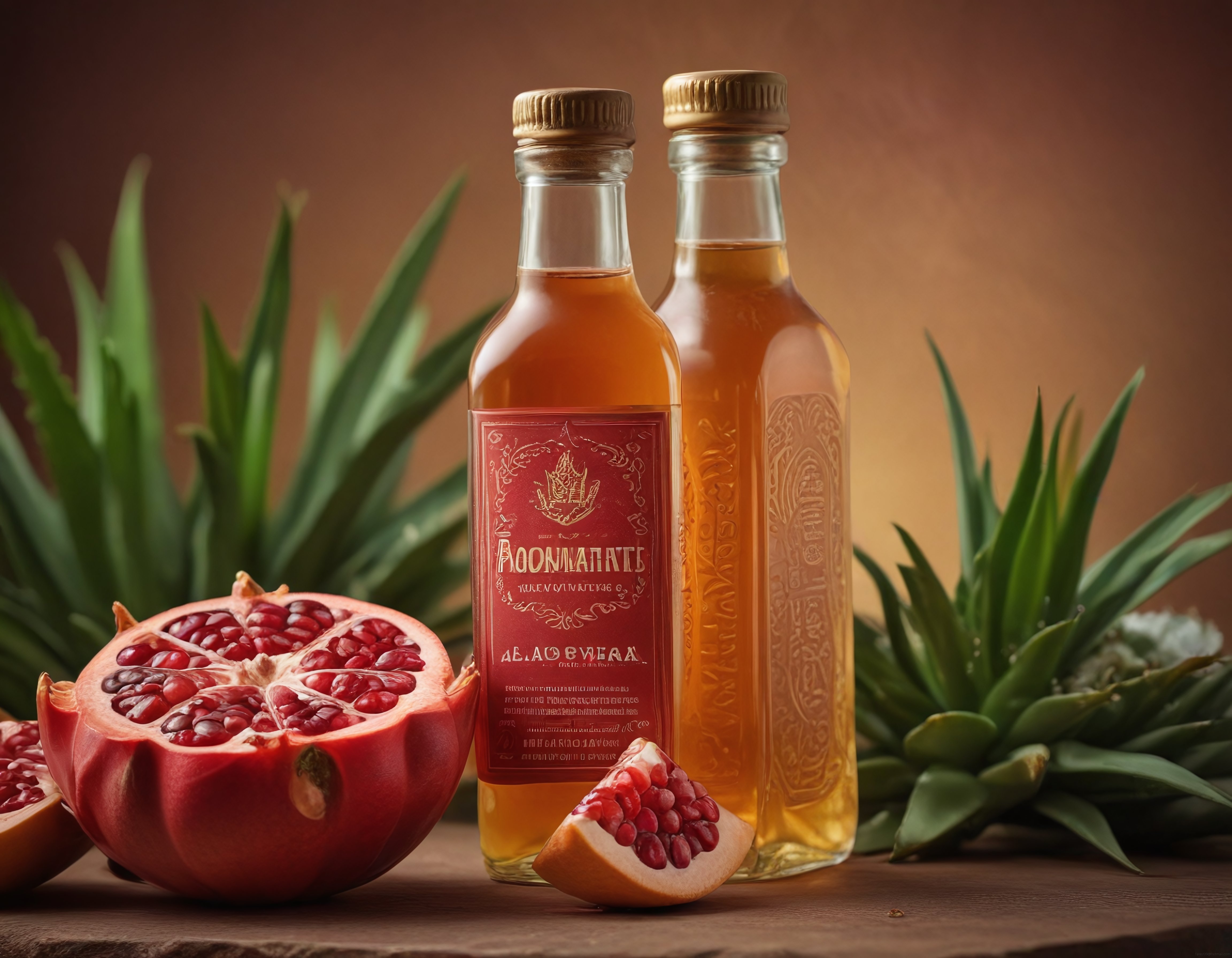 Nar ve Aloe Vera Eşliğinde Sıcak Tonlarda Dekoratif Cam Şişe Düzenlemesi