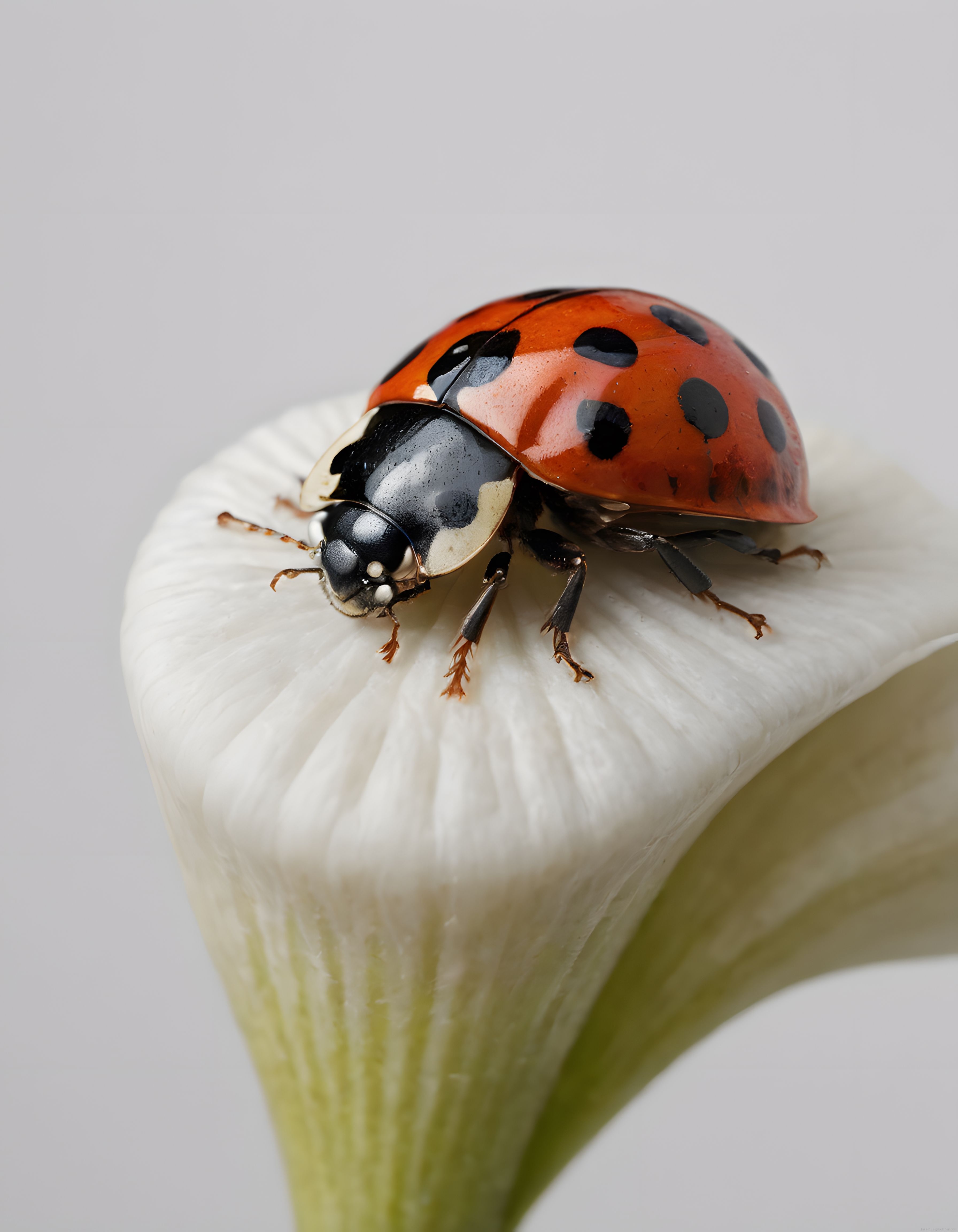 Narin Beyaz Çiçek Üzerindeki Uğur Böceği Yakın Plan Makro Fotoğrafı