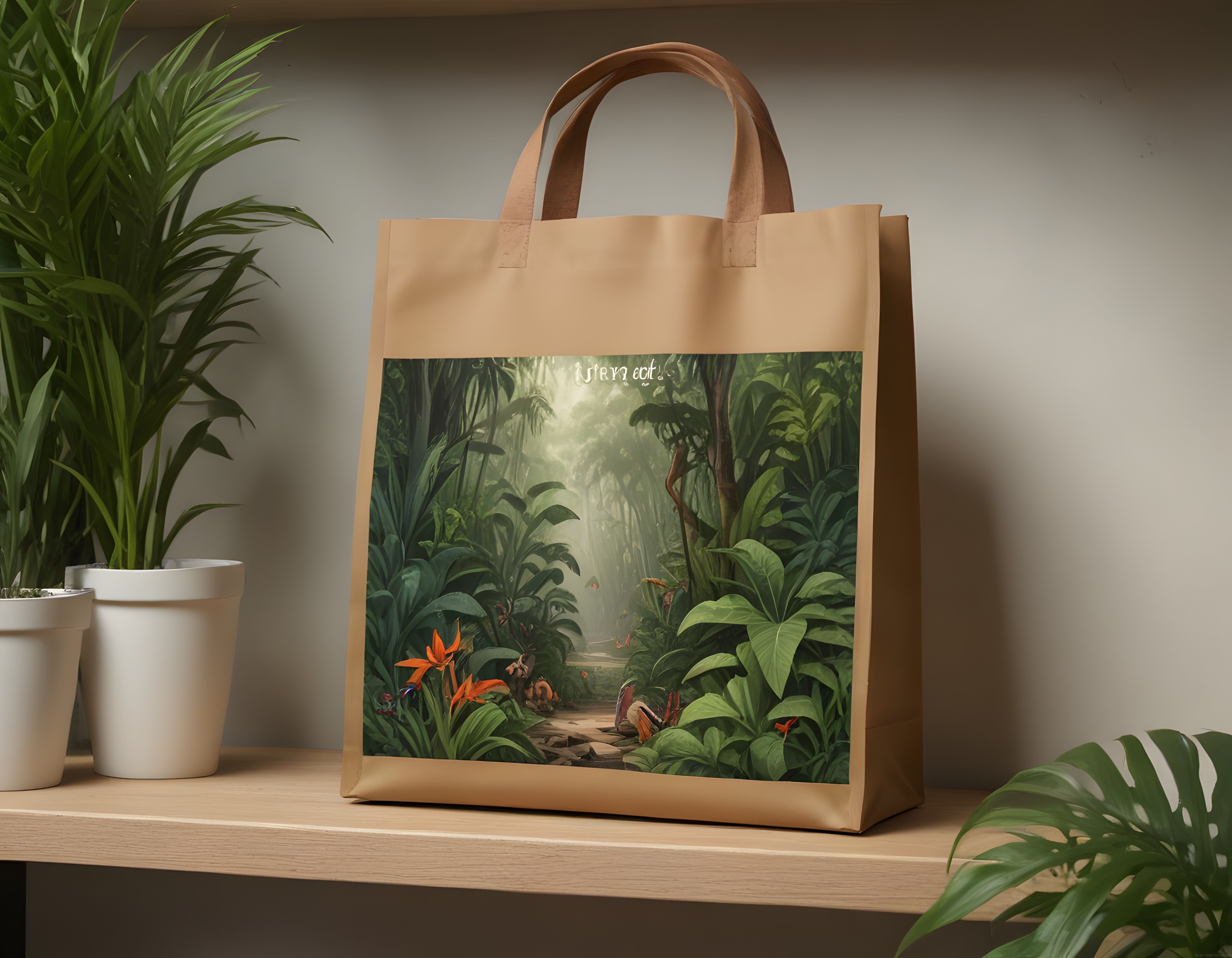 Nature Edit Baskılı Kraft Çanta ve Salon Bitkileriyle Dekoratif Köşe