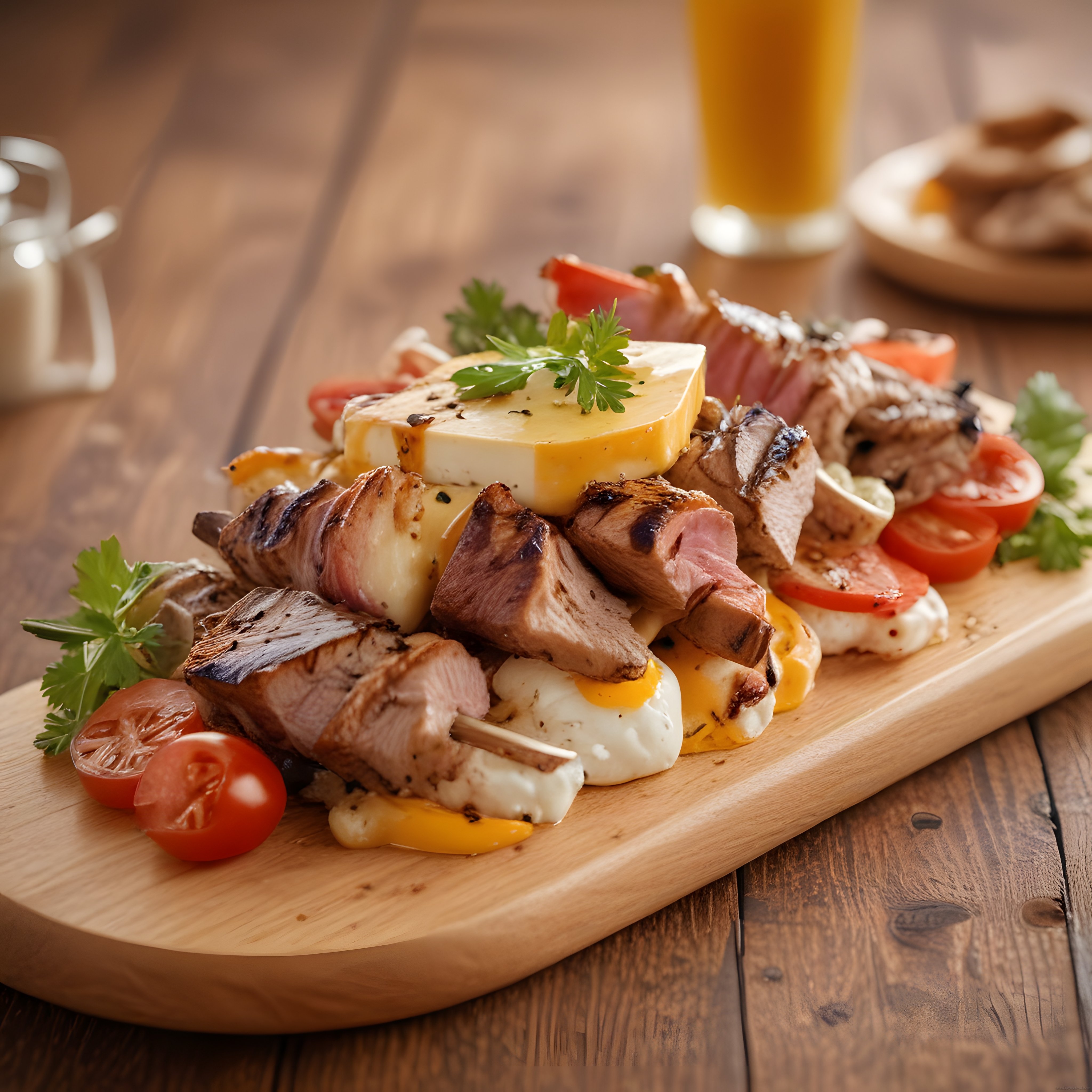 Natürel ahşap sunum tahtasında ızgara et ve yumurtalı brunch tabağı
