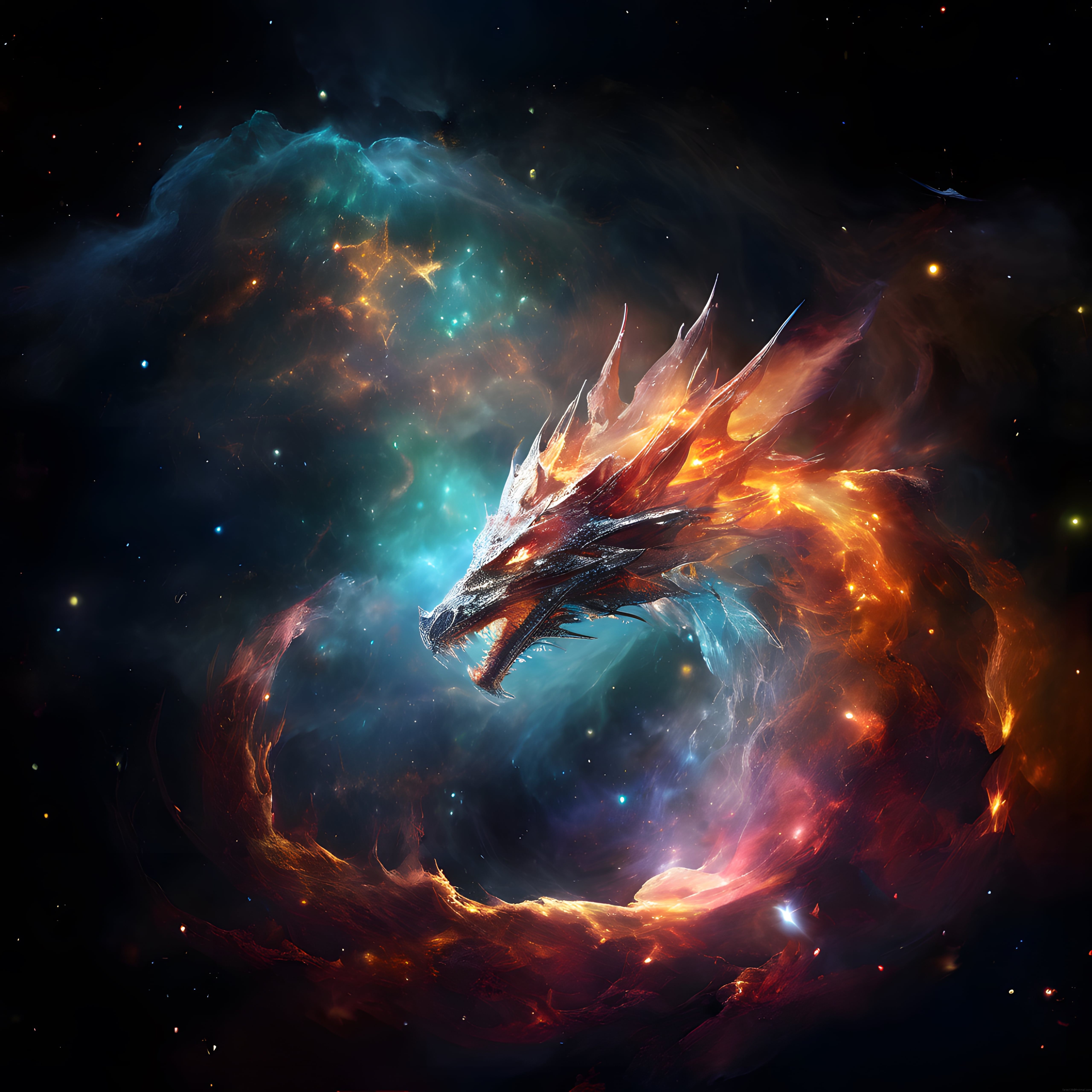 Nebula İçinde Süzülen Ateşli Ejderha: Fantastik Kozmik Dijital Sanat Eseri