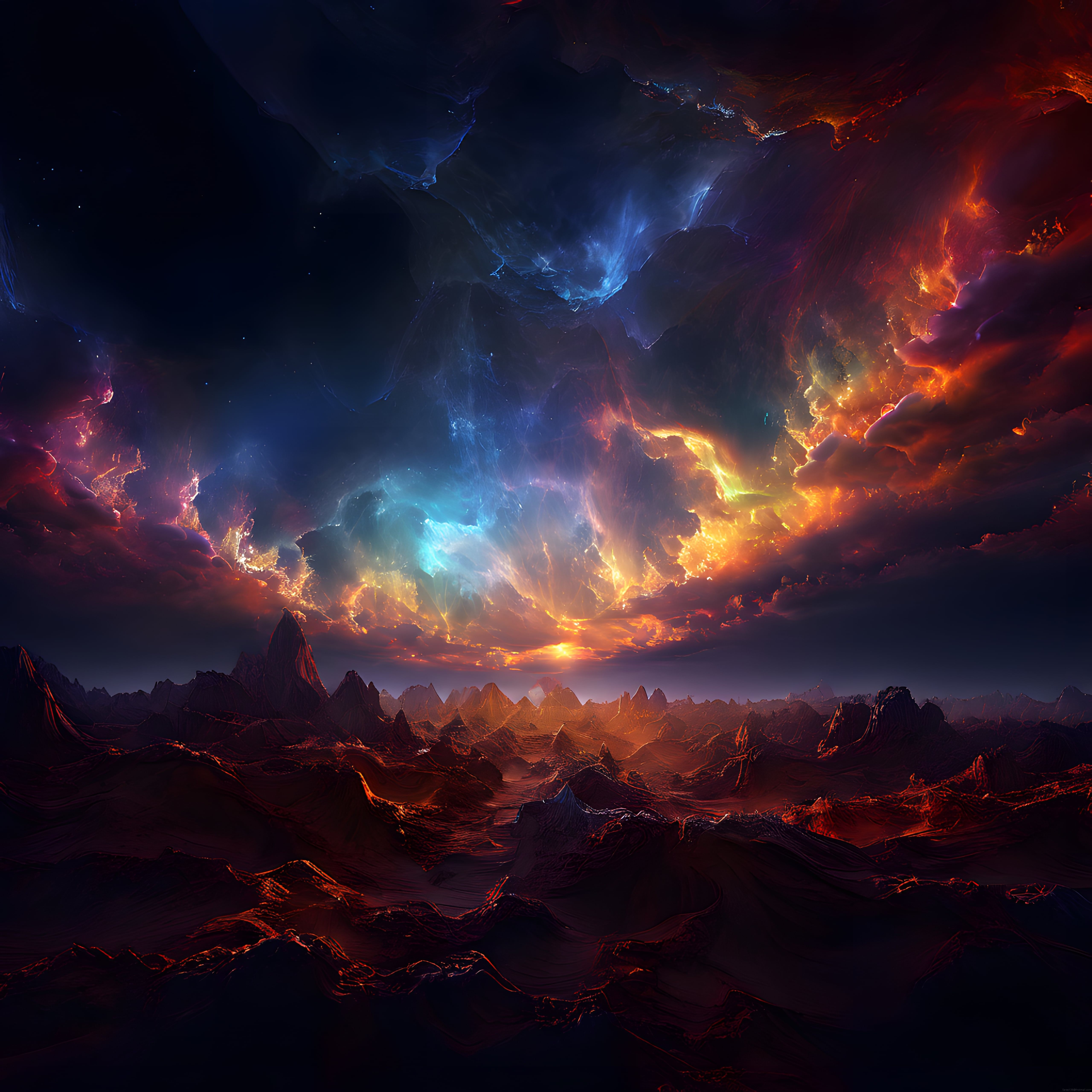 Nebula Işıklarıyla Aydınlanan Gizemli Gezegen ve Uzay Dağları Manzarası