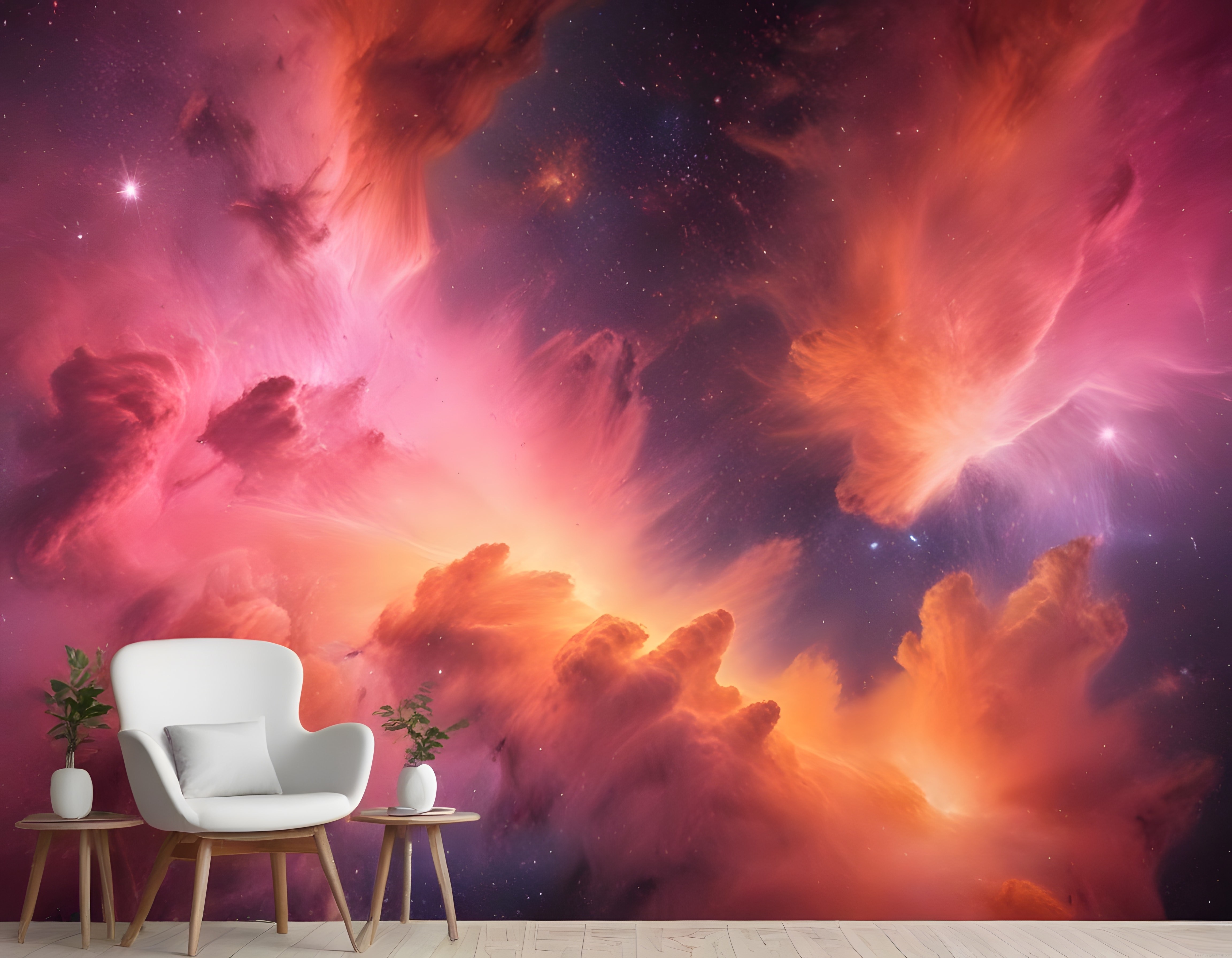 Nebula Temalı Duvar Kağıdı ile Modern Oturma Odası Dekorasyonu